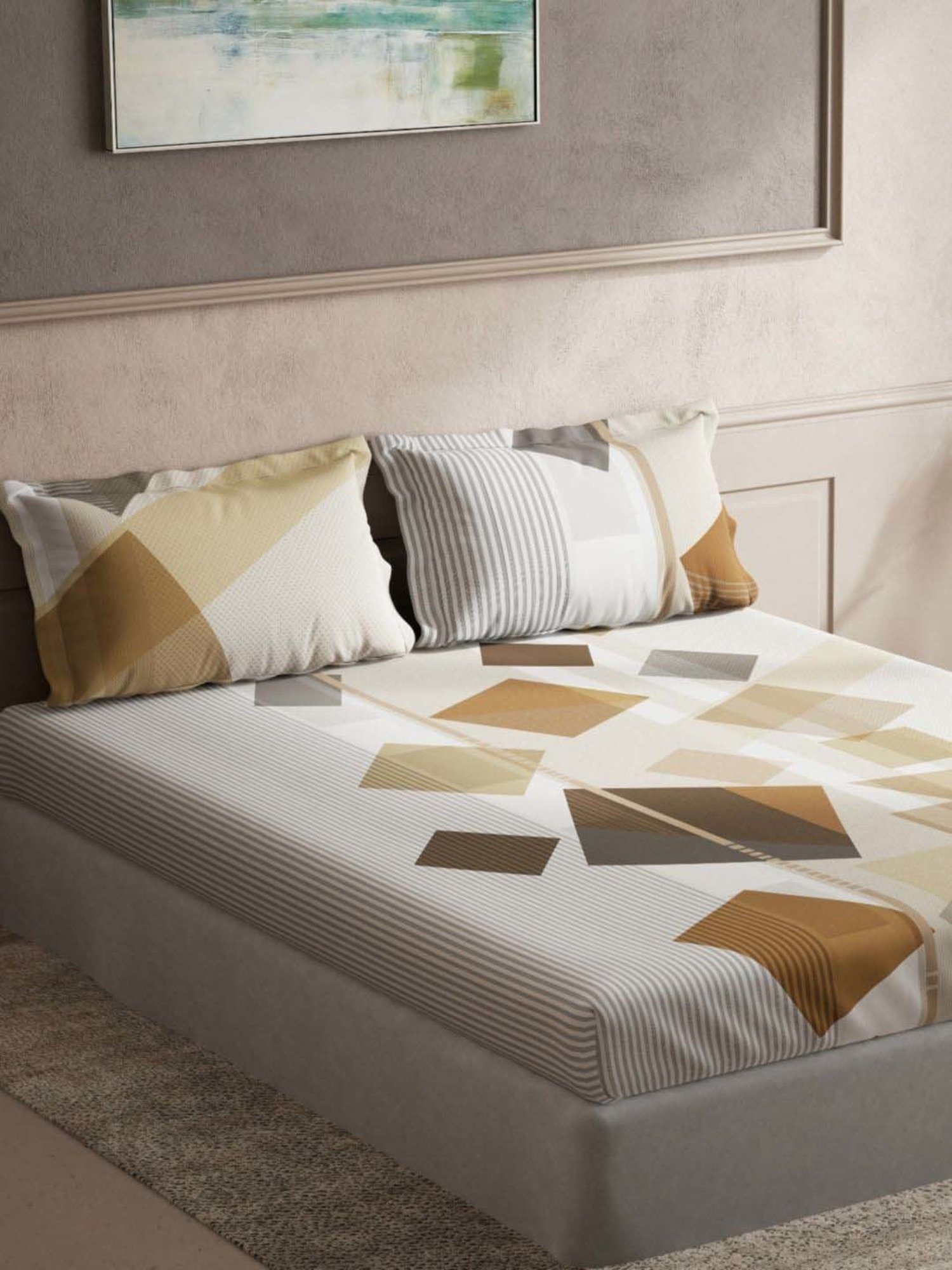 DDecor Geometric Brown 136 TC Cotton King Bedsheet with 2 Pillow Covers