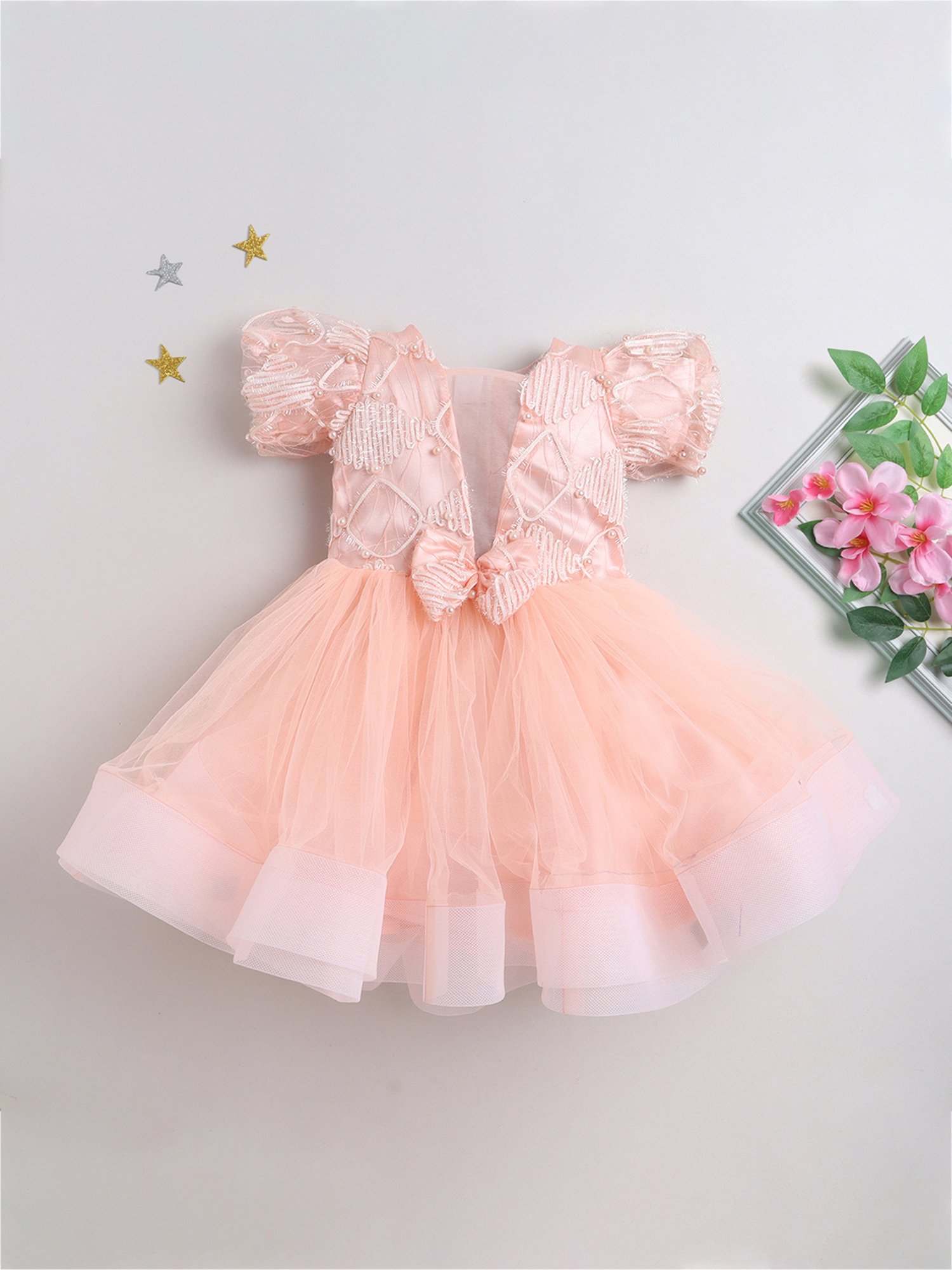 Many Frocks Kids Peach Embellished Dress