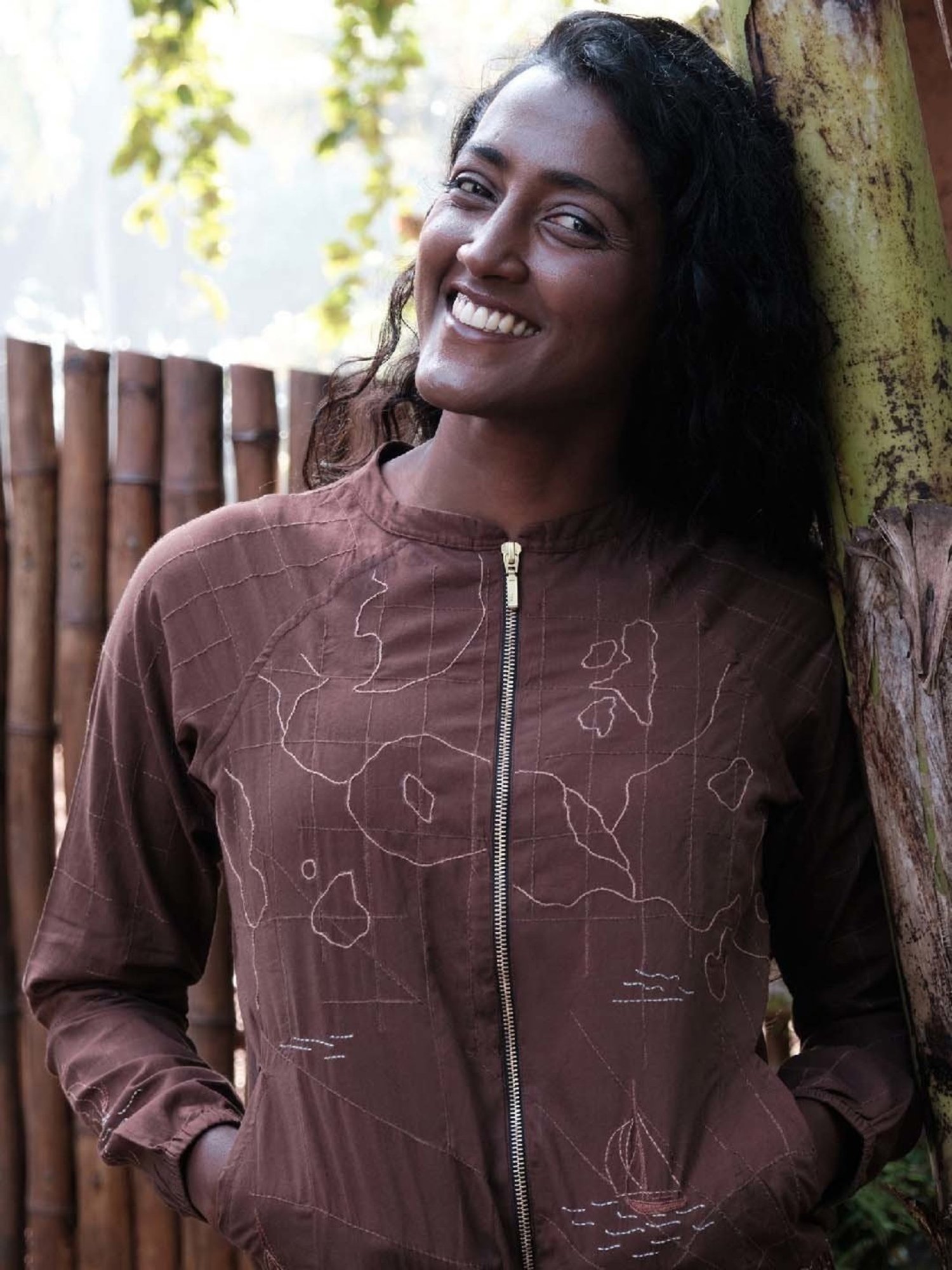 Okhai Globe Brown Pure Cotton Hand Embroidered Bomber Jacket