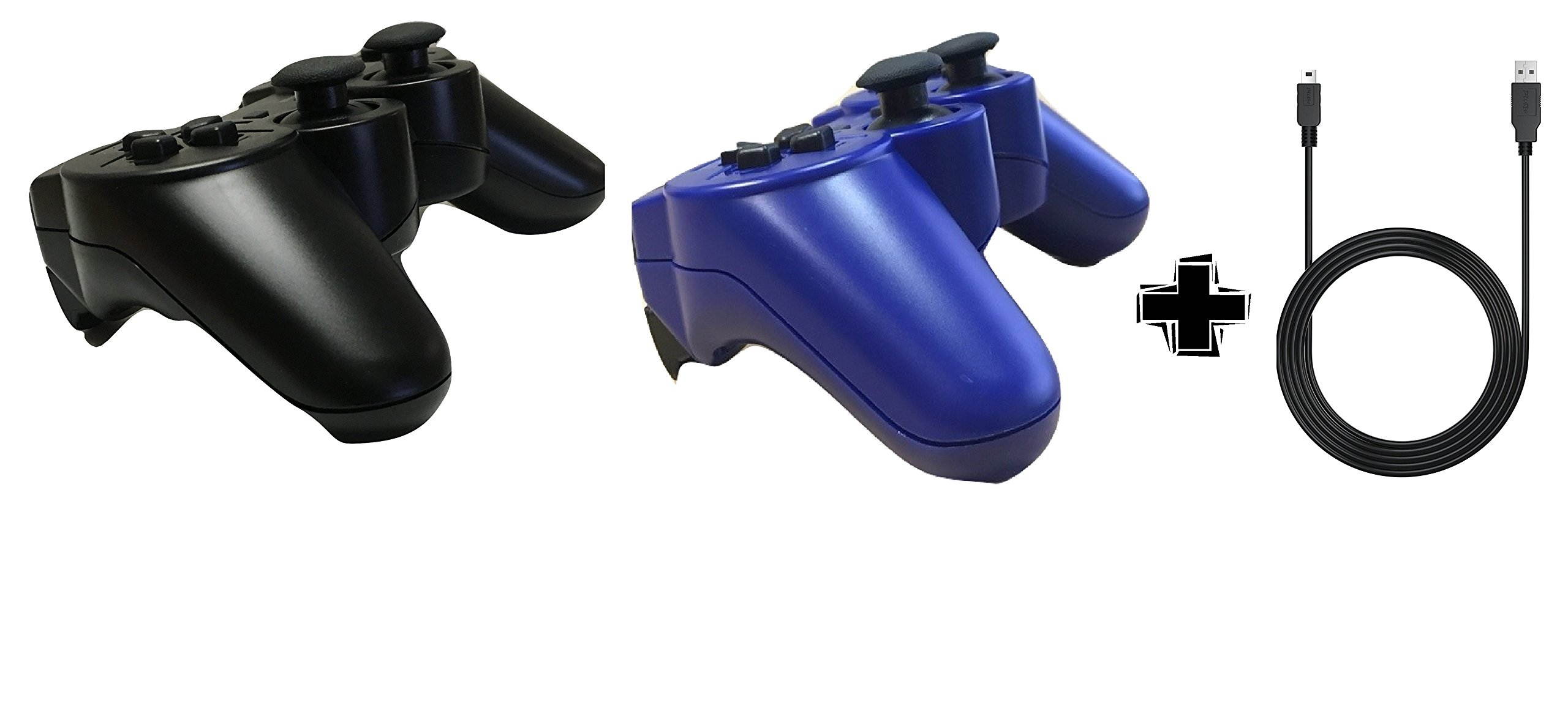 Ps3 Controller Wireless Controller with Charger Cable - 2 Pack Dual Vibration ( Blue and Black - Compatible with Playstation 3 PS3 ) by IHK