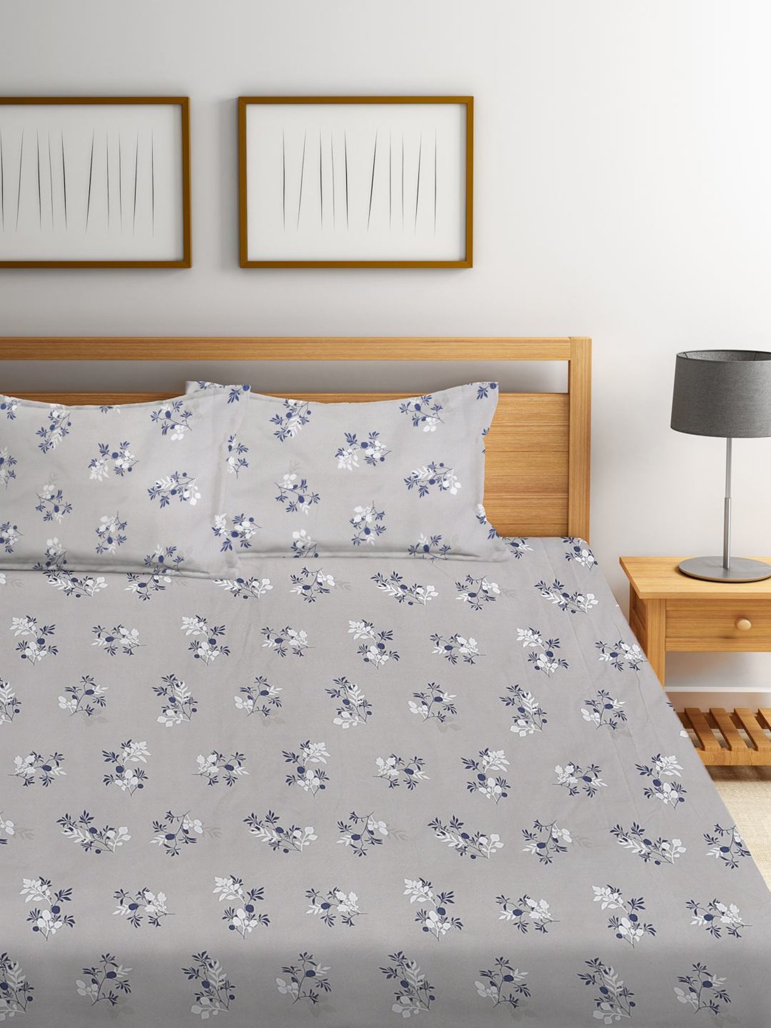 Klotthe Printed Grey 300 TC Cotton Blend Double Bed Sheet with 2 Pillow Covers