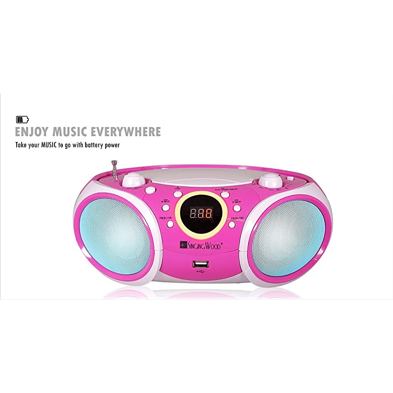 CD Player Boombox, CD/CD-R/CD-RW, Portable w/Bluetooth, USB, AM/FM Radio, Aux Line-Input, Headset Jack, Foldable Carrying Handle and LED Light (Phantom Black)