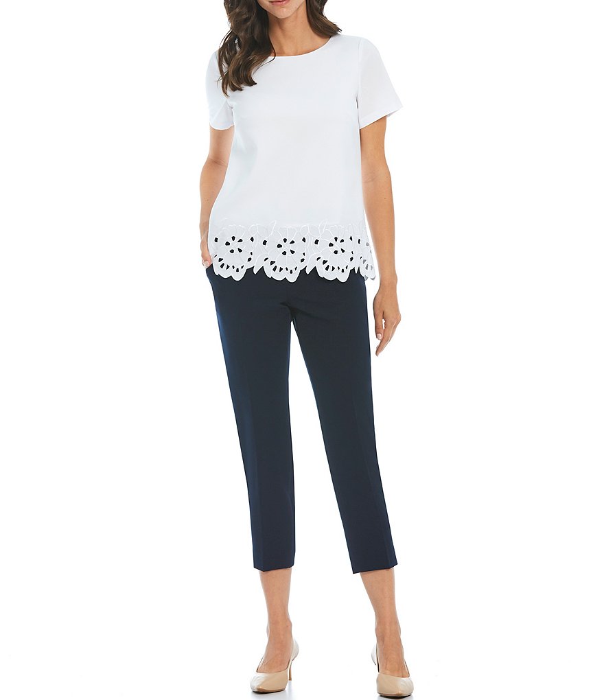 Preston & York Pat Laser Cut Floral Hem Crew Neck Short Sleeve Blouse