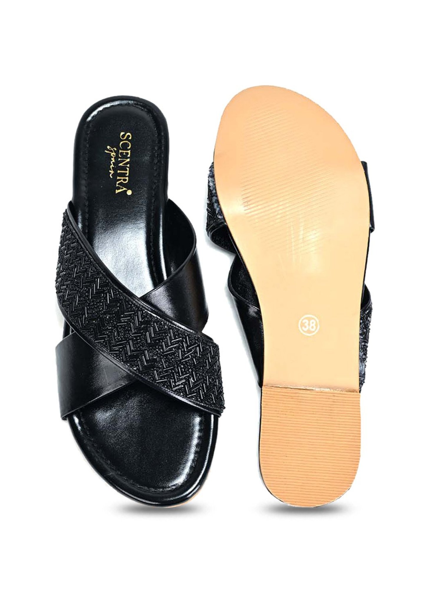 Scentra Women's Black Cross Strap Sandals