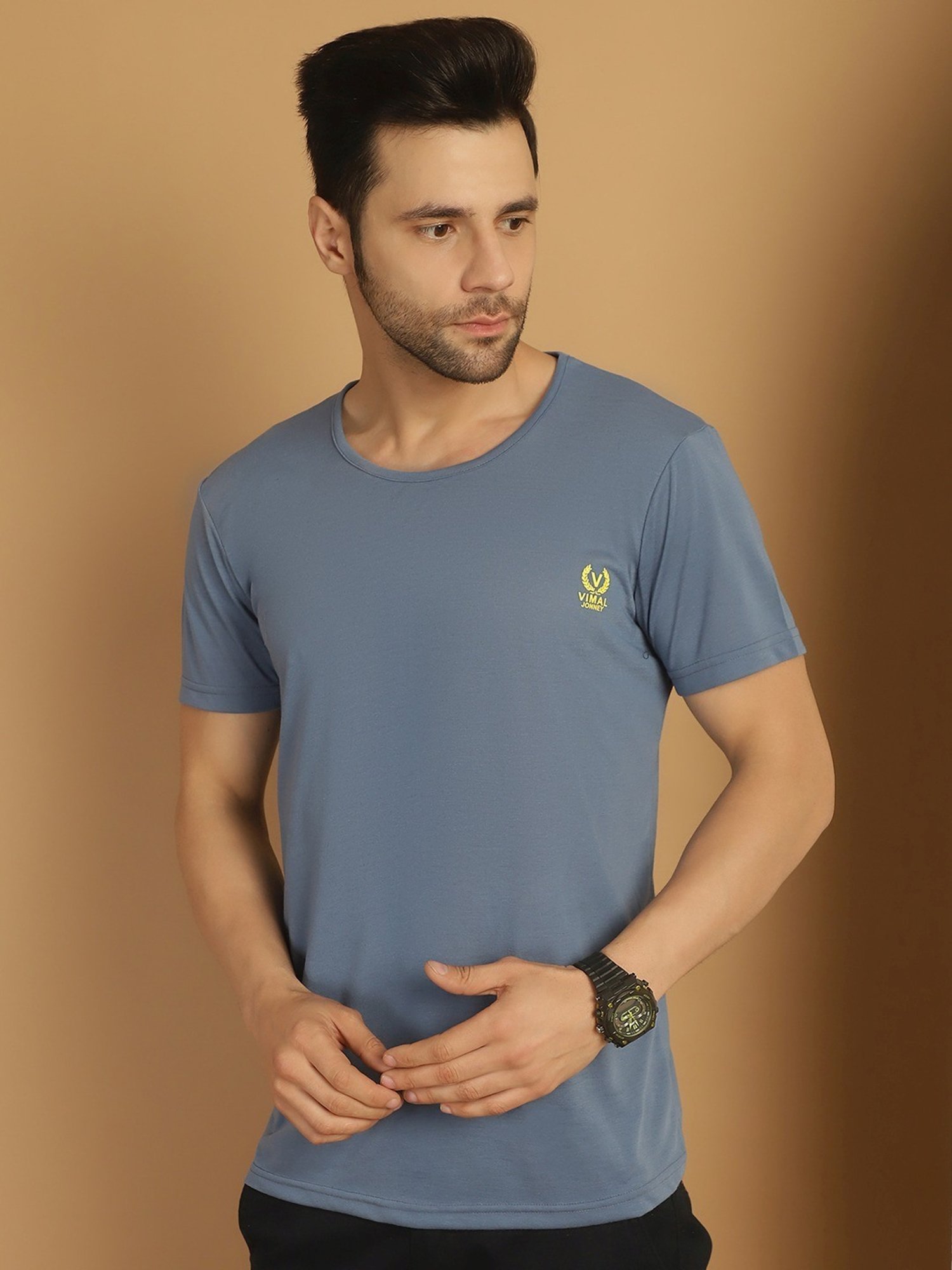 Vimal Jonney Grey & Yellow Regular Fit T-Shirt