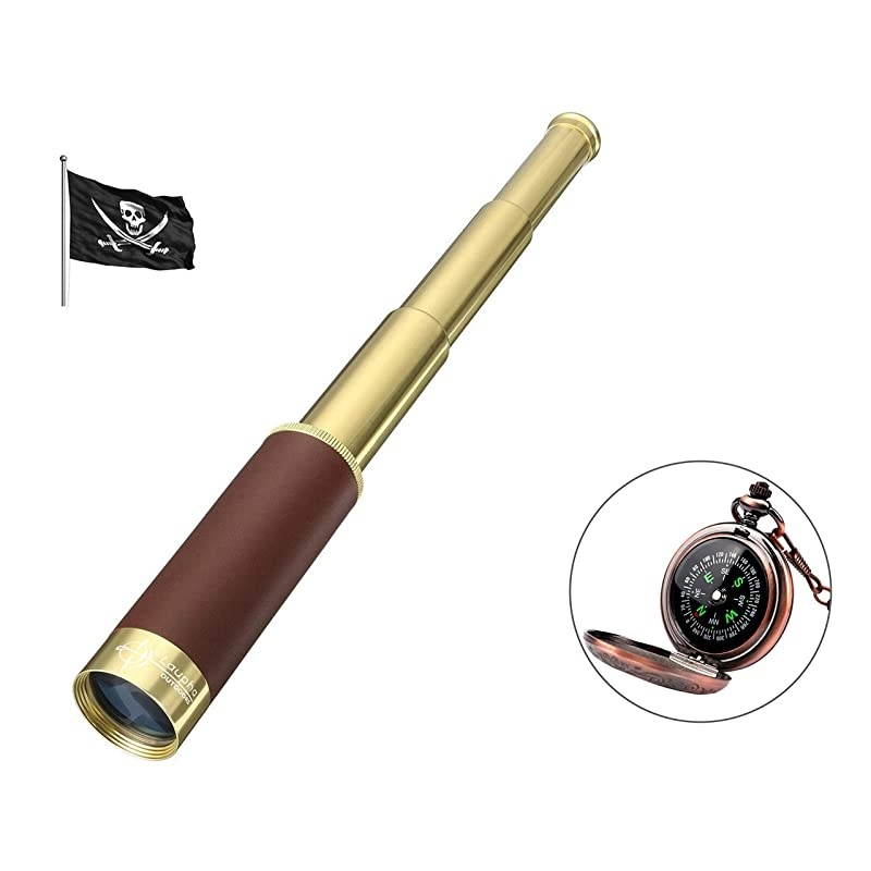 Retro Pirate Telescope Zoomable 25x30 Spyglass Portable Collapsible Handheld Telescope Vintage Monocular for Kids amp Classical Collection Compass for Camping Hunting Boating Gift