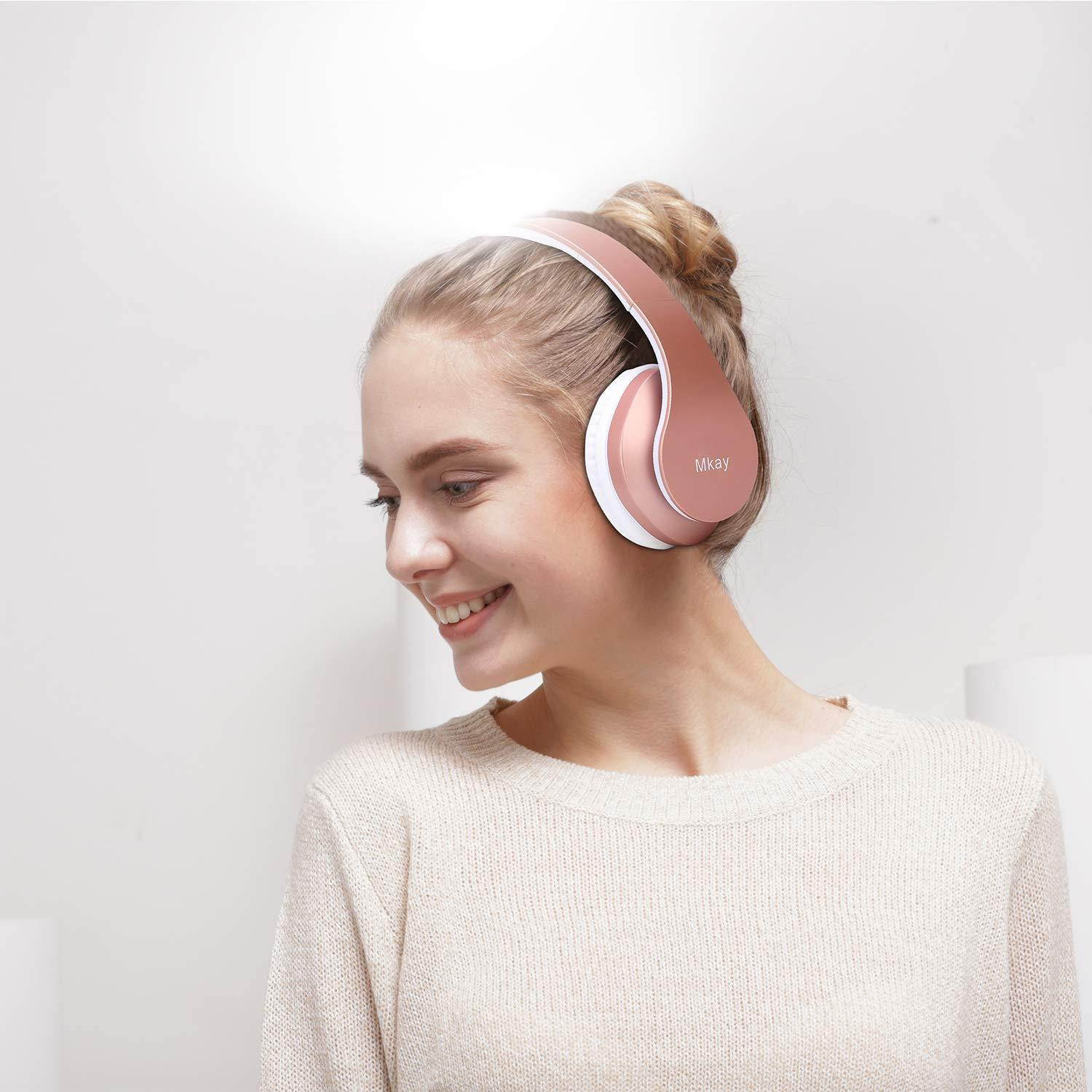 Bluetooth Headphones Wireless,MKay Over Ear Headset V5.0 with Microphone, Foldable & Lightweight, Support Tf Card MP3 Mode and Fm Radio for Cellphones Laptop TV-Rose Gold