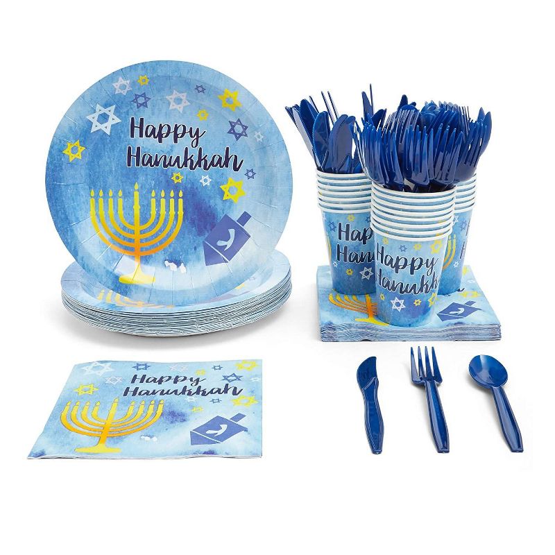 Blue Panda 144 Piece Happy Hanukkah Disposable Party Supplies Serves 24 - Plates, Napkins, Cups & Cutlery