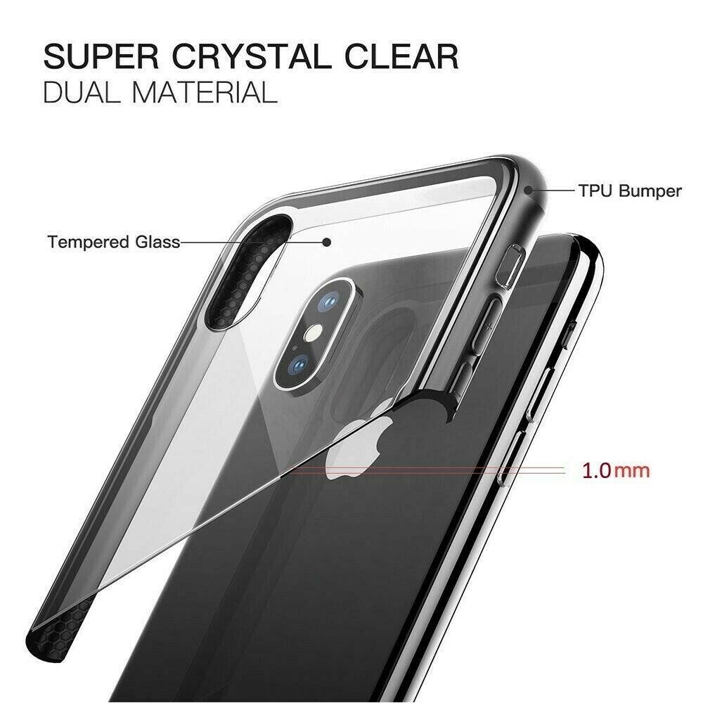 For iPhone X XS Silicone 9H Tempered Glass Hybrid Phone Case Crystal Clear Cover