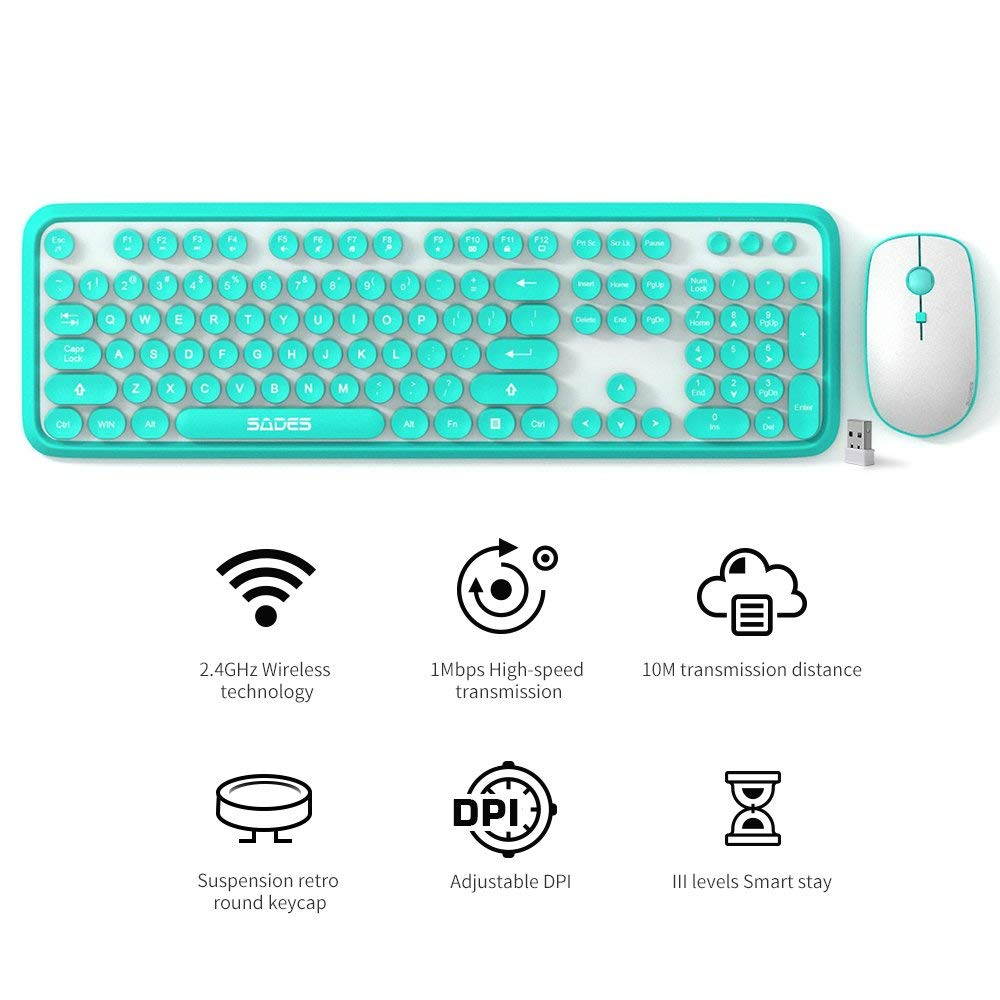 Sades Wireless Keyboard &Mouse Combo,Lovely Round Key Retro Quiet Wireless Keyboard and Mouse Set V2020 ,Full-size Slim Cute Keyboard For PC,Laptop,Smart TV