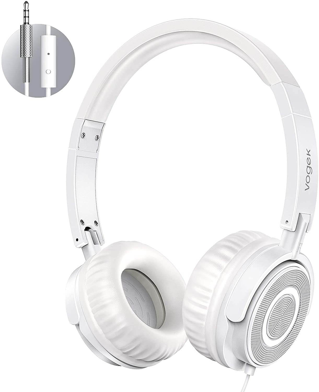 vogek on ear headphones lightweight and foldable bass headphones with volume control and microphone Gold white