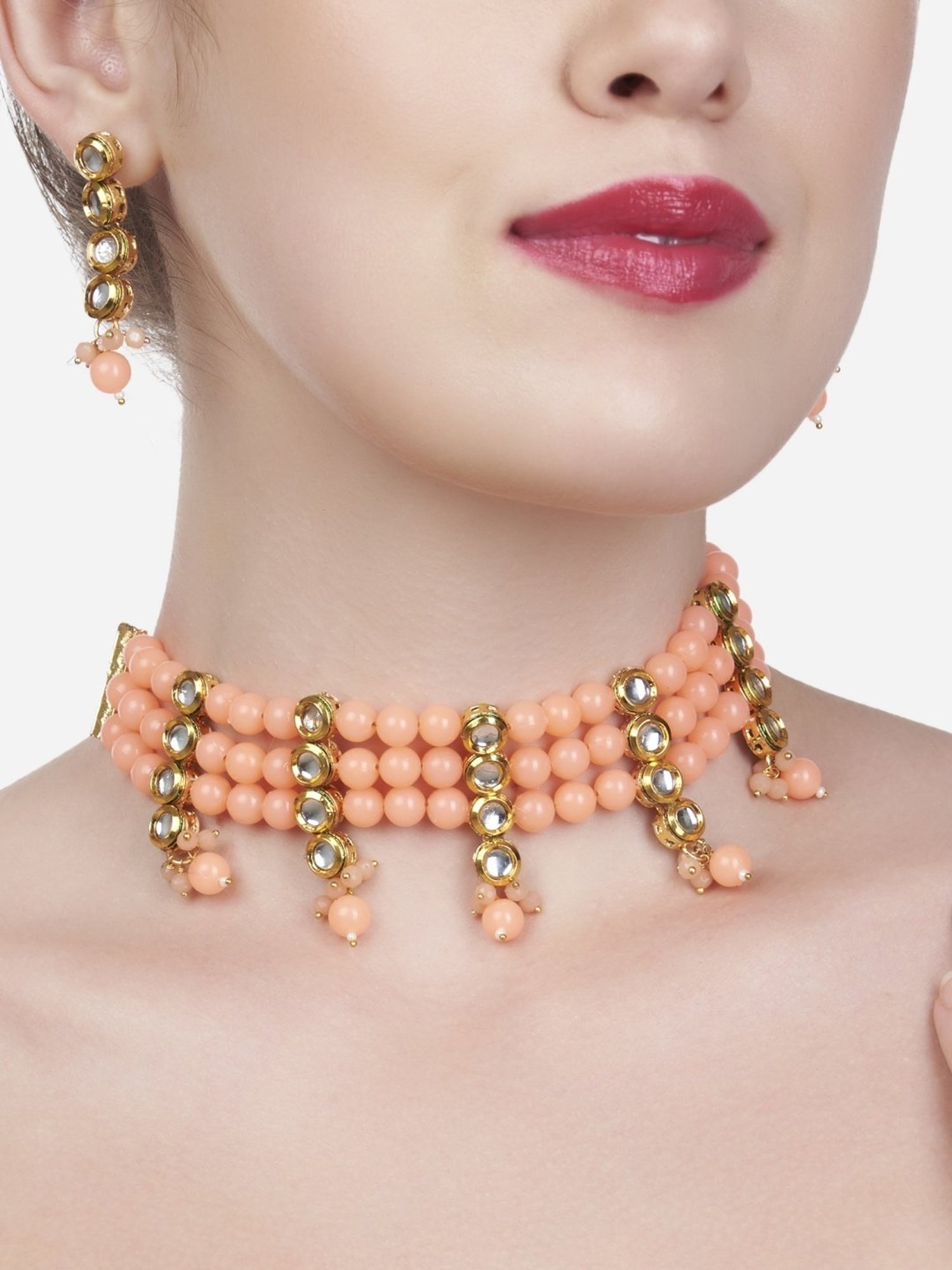 Zaveri Pearls Peach Multistrand Beaded Kundan Necklace & Earring Set