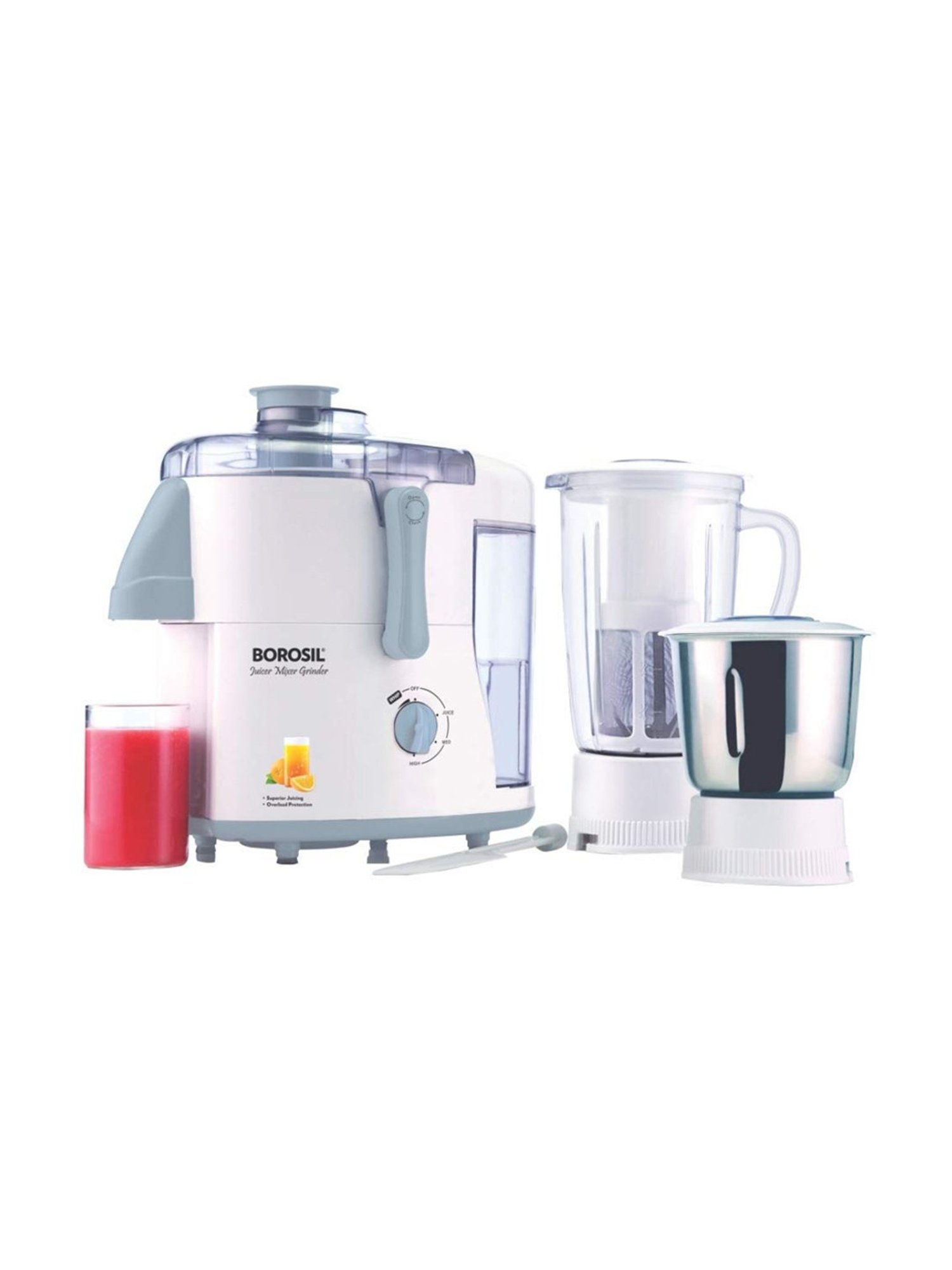 Borosil Juicer Mixer Grinder 500W, 1L with 2 Jar & 100 Percent copper motor (Silver)