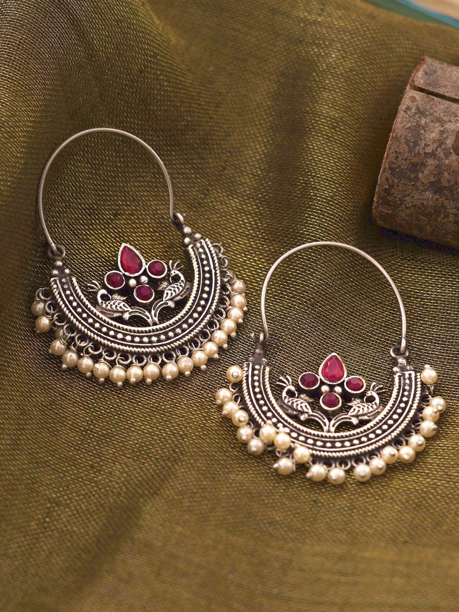 Teejh Saara Floral Pearl & Red Stone Bali Earrings
