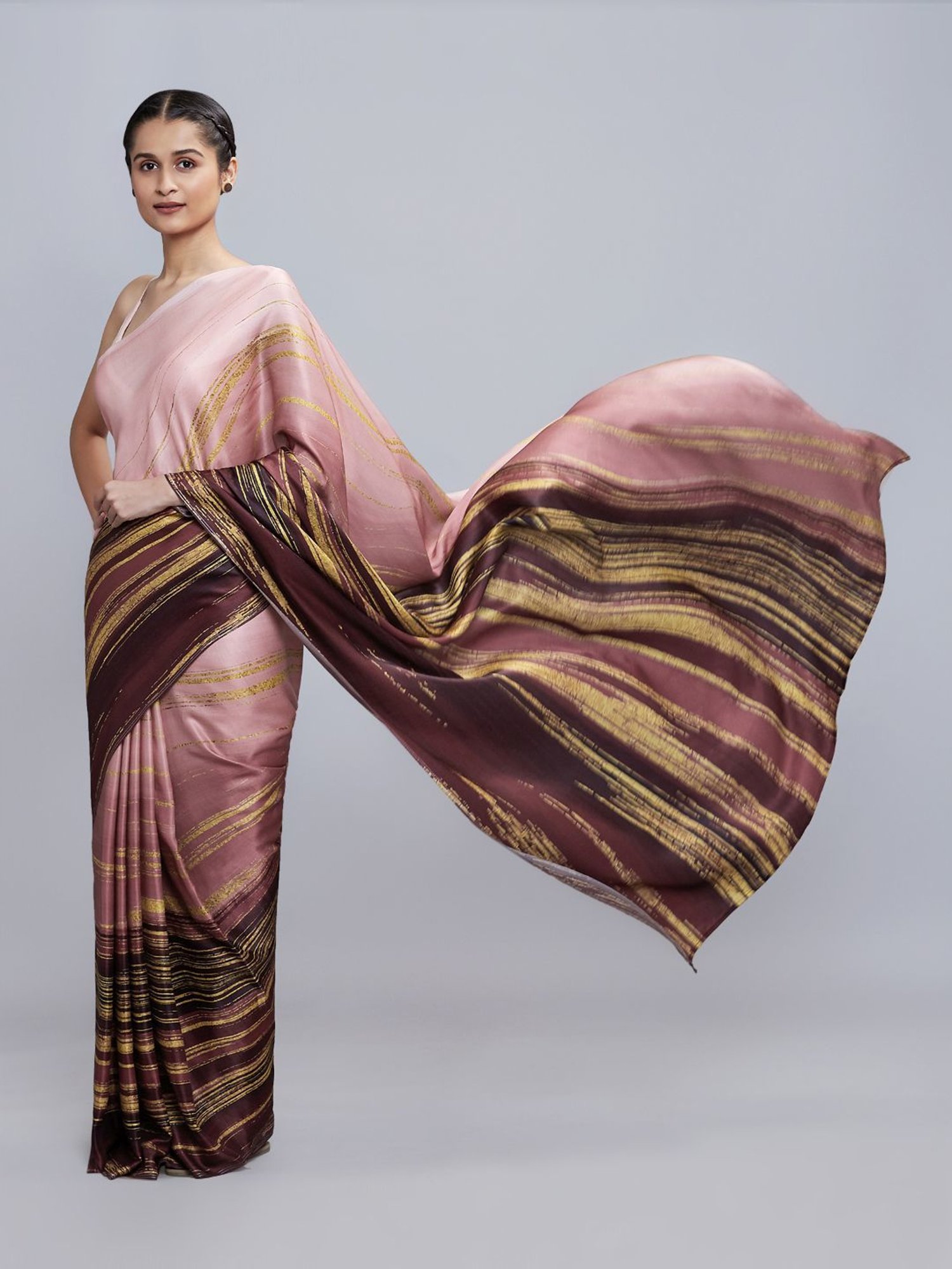 navyasa by liva Pink & Brown Printed Saree With Unstitched Blouse