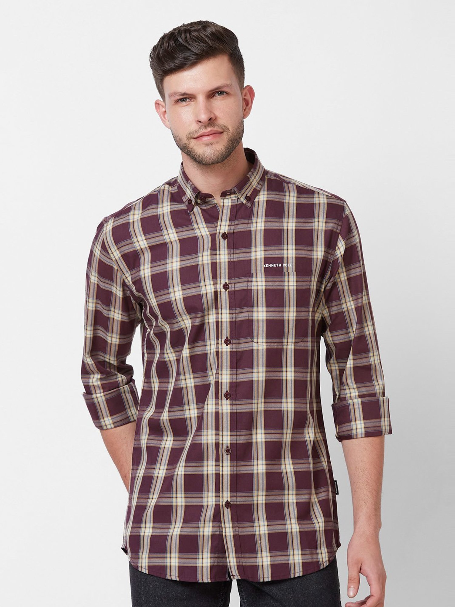 Kenneth Cole New York Maroon Slim Fit Check Cotton Shirt