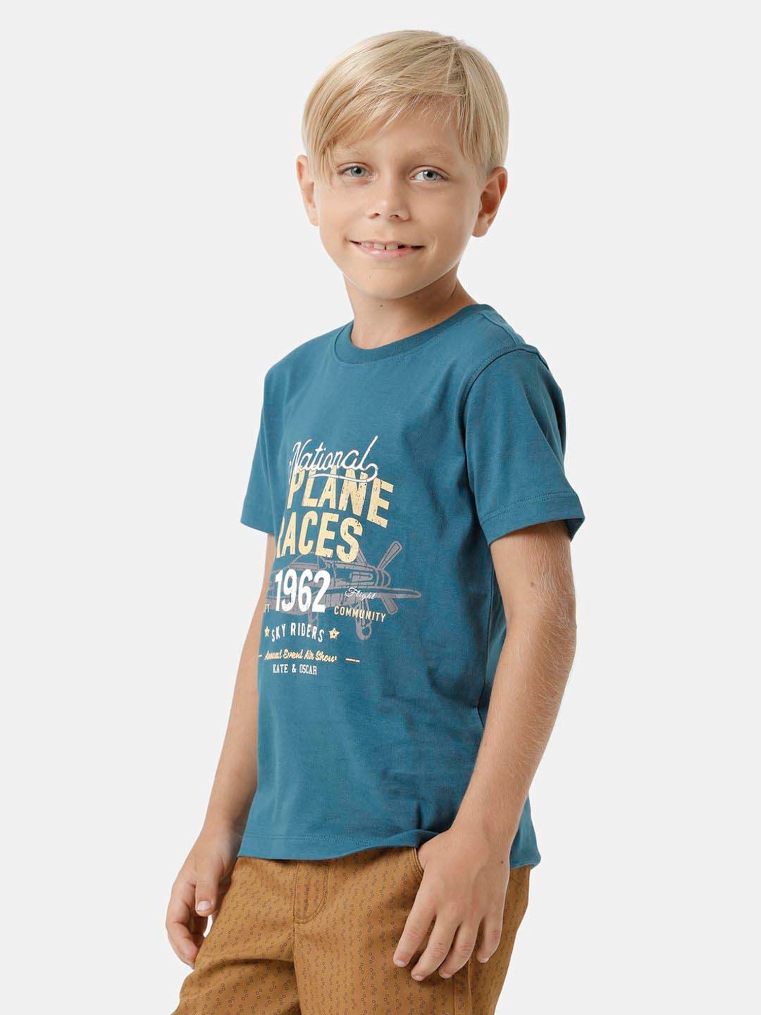 Kate & Oscar Kids Teal Blue Cotton Printed T-Shirt