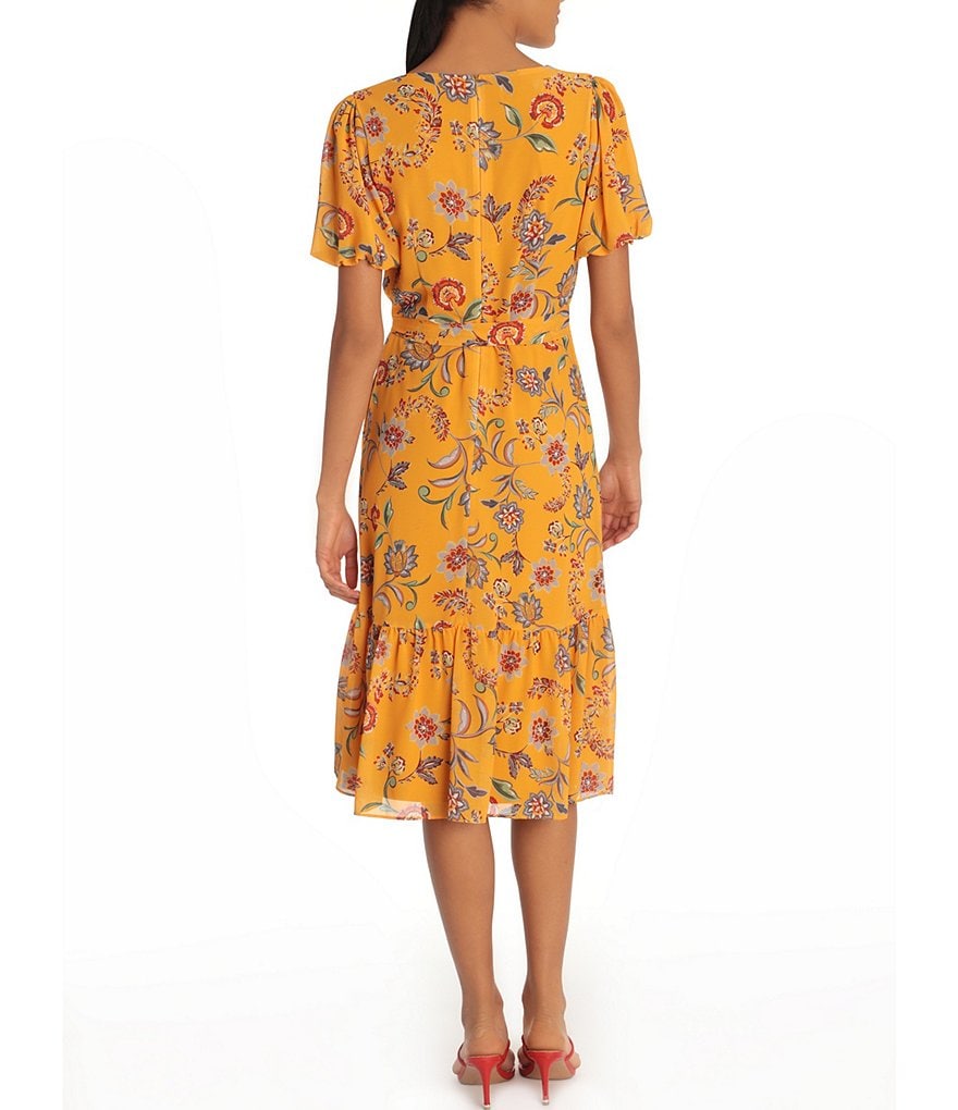 Donna Morgan Floral Chiffon Flounce Hem Short Bubble Sleeve Dress
