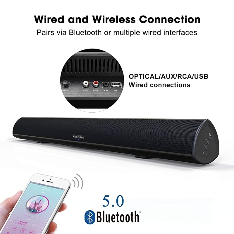 Bar, Bestisan 80W Home Theater bar System with IR Remote Function, Wired and Wireless Bluetooth 5.0 Audio Speaker (Treble/Bass Adjustable,34-Inch, 2019 Beef Up Version)