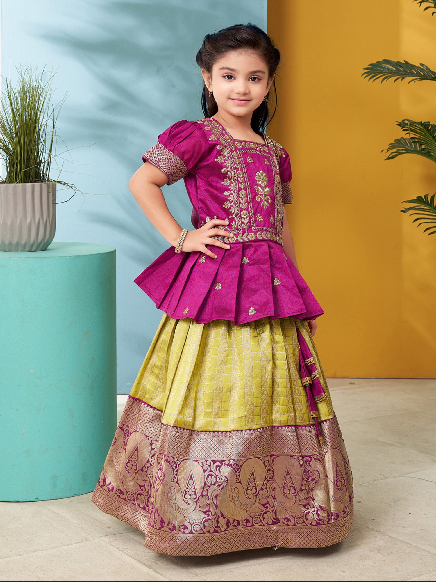 Aarika Kids Pink & Green Embroidered Lehenga with Choli