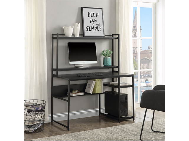 Home Office Game Table Computer Desk with 2-Tier Bookshelf and Open Storage Shelf Equipped with Removable Monitor Riser,Brown,GT55