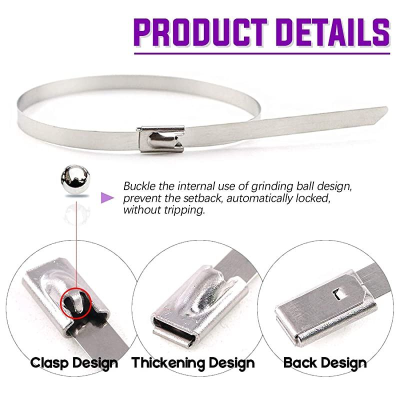 100Pcs 4 Sizes Stainless Steel Exhaust Strap Wrap Coated Locking Cable Zip Ties Perfect for Automotive Parts, Home, Computer Repair - 4&ldquo;, 5.9", 8",11.8"