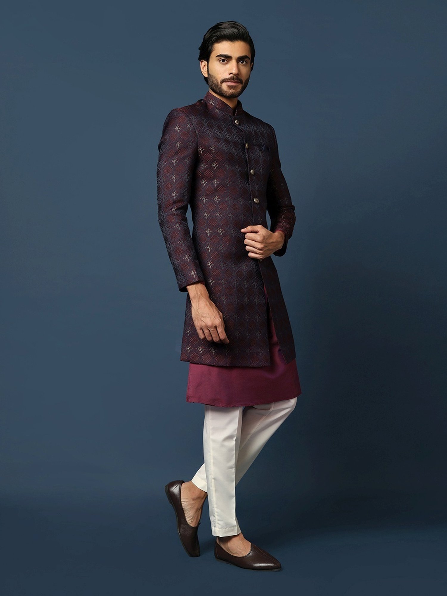 KISAH Maroon Cotton Regular Fit Self Pattern Sherwani Set
