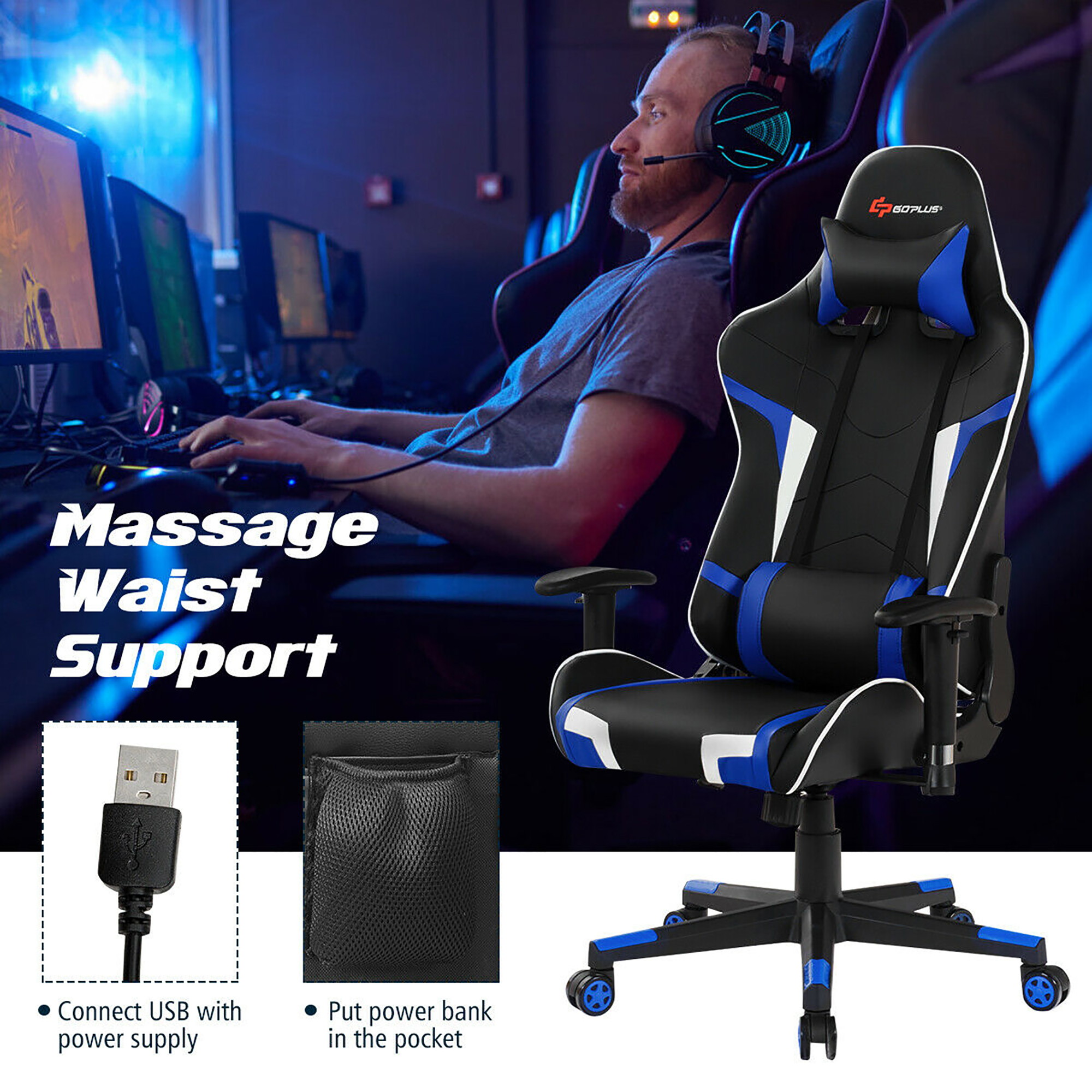 Massage Gaming Chair Reclining Swivel Racing Office Chair w/Lumbar Support Blue