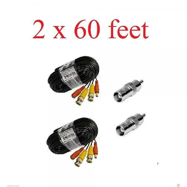 Wennow Black - 2 Pcs 18m/60ft length Plug-and-Play BNC Male to Video Power Cable