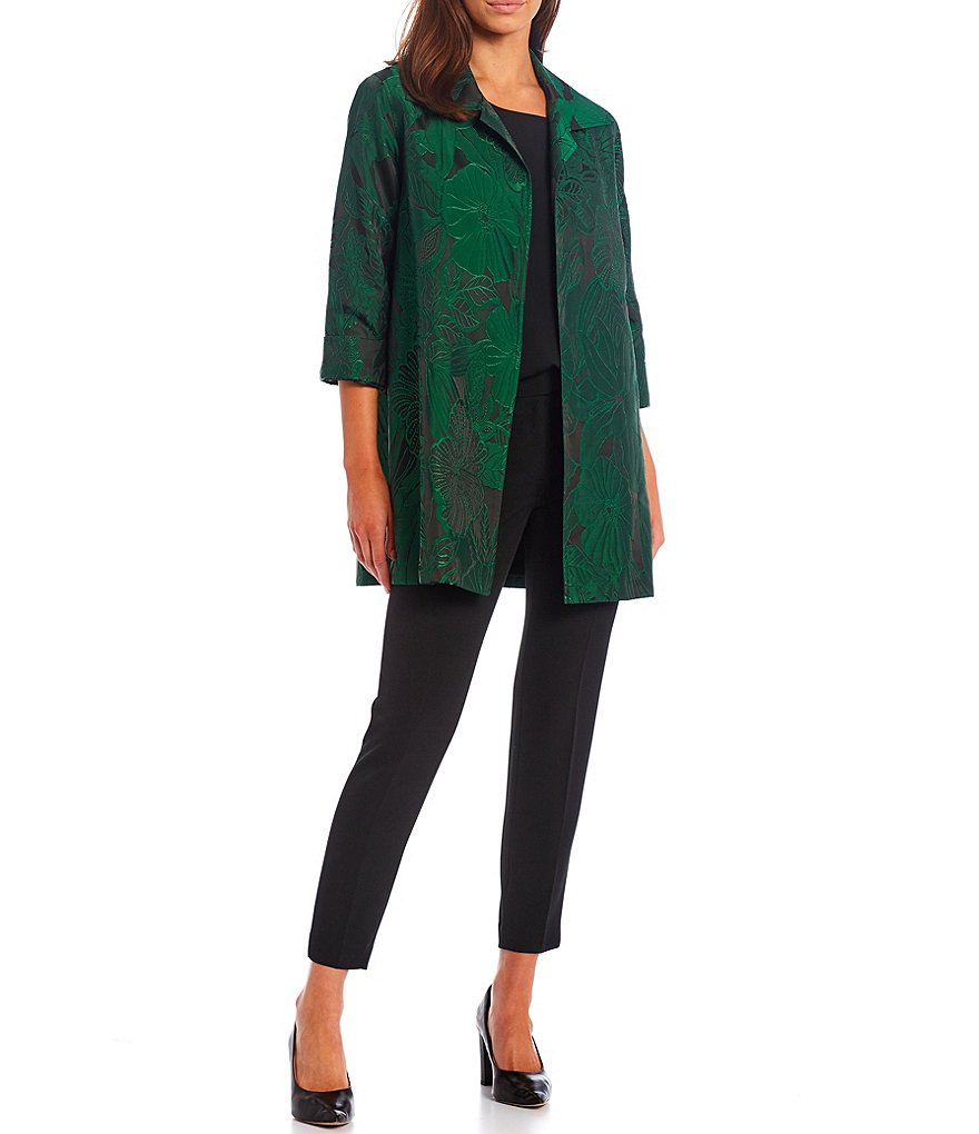 Caroline Rose Tropical Midnight Notch Collar Neck Cuff 3/4 Bracelet Sleeve Jacquard Party Jacket