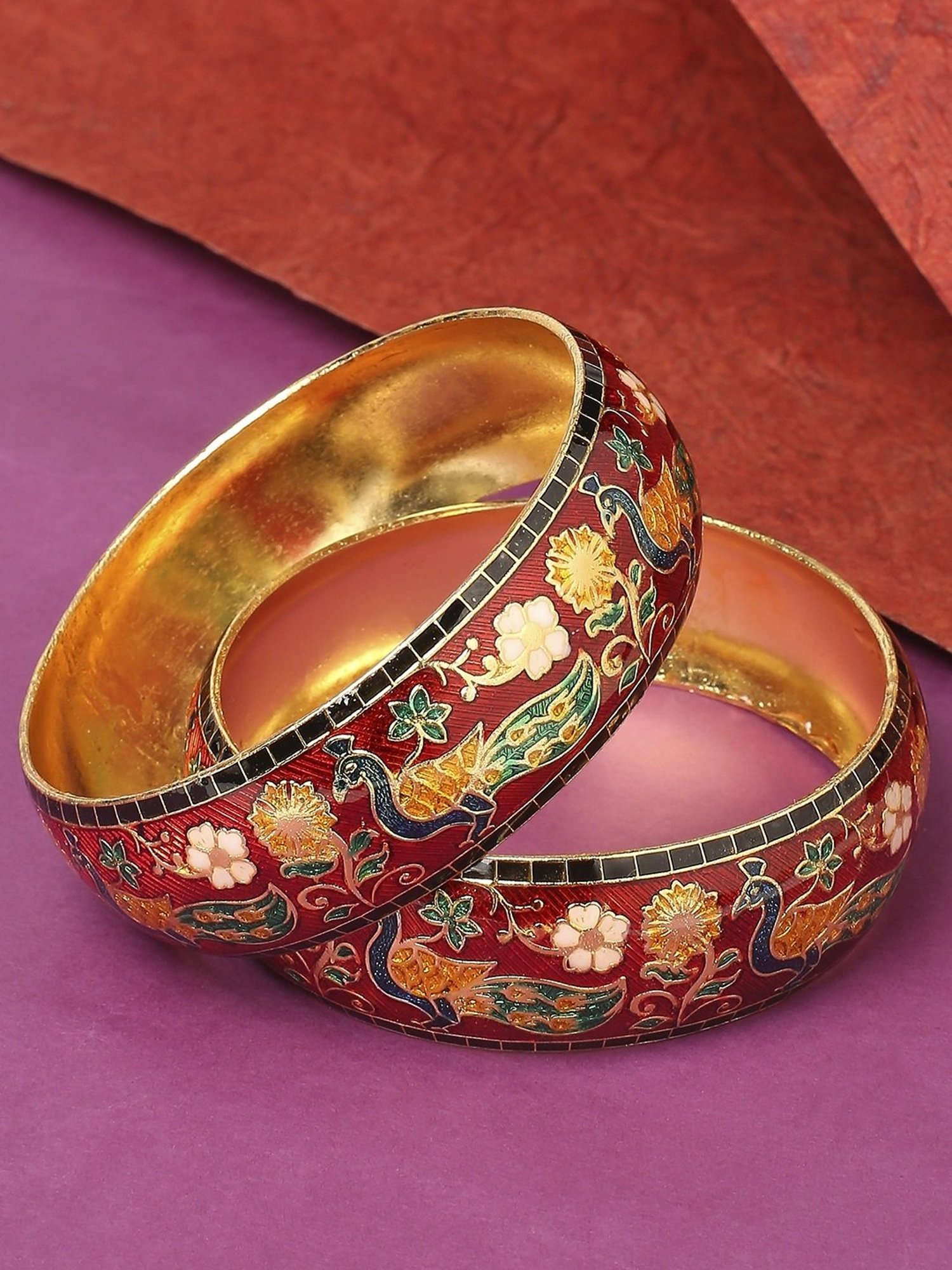 Oomph Jewellery Red & Green Meenakari Peacock Floral Design Brass Bangles - Set of 2
