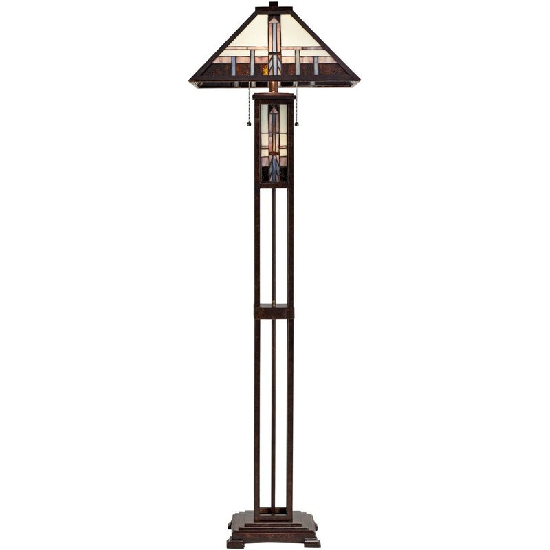 Robert Louis Tiffany Mission Floor Lamp Art Deco with Nightlight Oiled Bronze Stained Glass Shade for Living Room Reading Bedroom