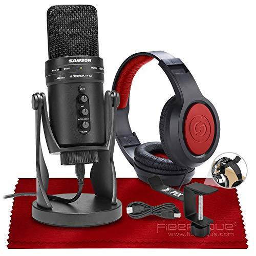 Samson G-Track Pro USB Microphone W/Audio Interface + Samson SR360 Over-Ear Dynamic Stereo Headphones, Xpix Headphone Hanger & Fibertique Microfiber Cleaning Cloth