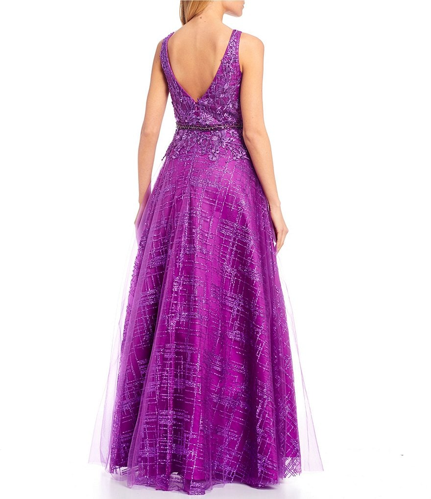 Coya Collection Sleeveless Plunging V-Neck Embroidered Glitter Mesh Ball Gown