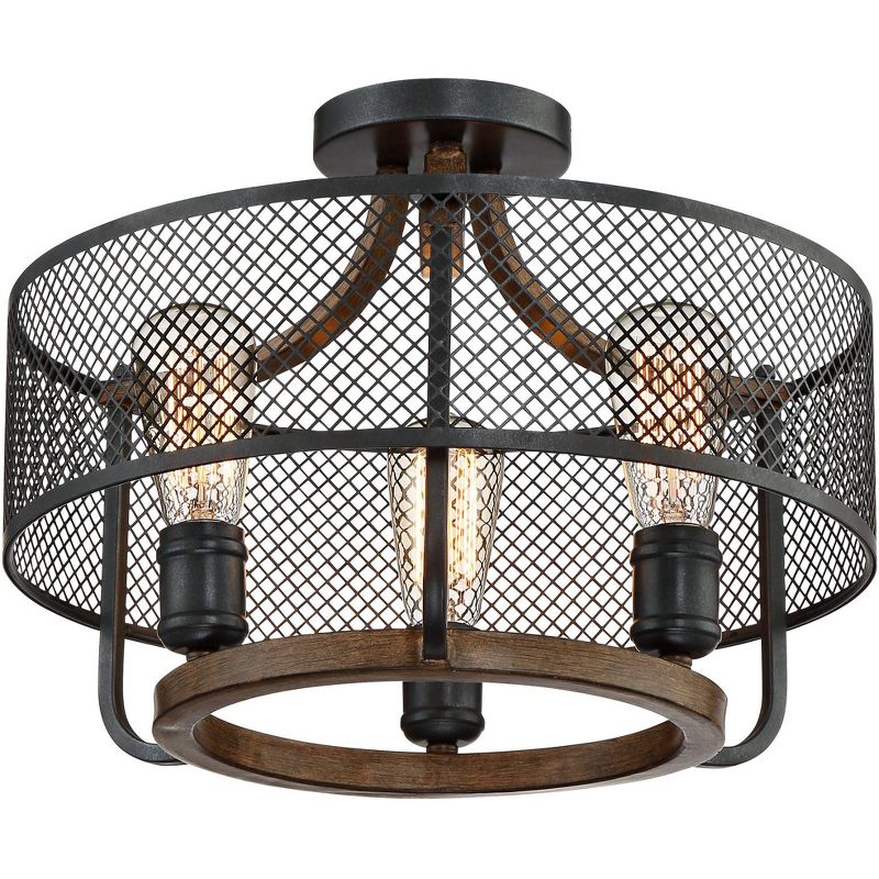 Franklin Iron Works Farmhouse Ceiling Light Semi Flush Mount Fixture Black Mesh Wood 16" Wide 3-Light for Bedroom Kitchen Hallway