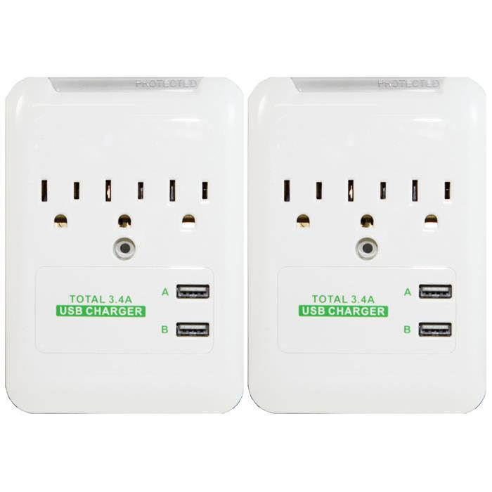 RND Wall Power Station includes 3 AC Plugs and 2 USB ports (3.4A total) with Surge protection for iPhone  iPad  Samsung Galaxy  LG  HTC  Moto and all USB Compatible Devices (2-Pack)