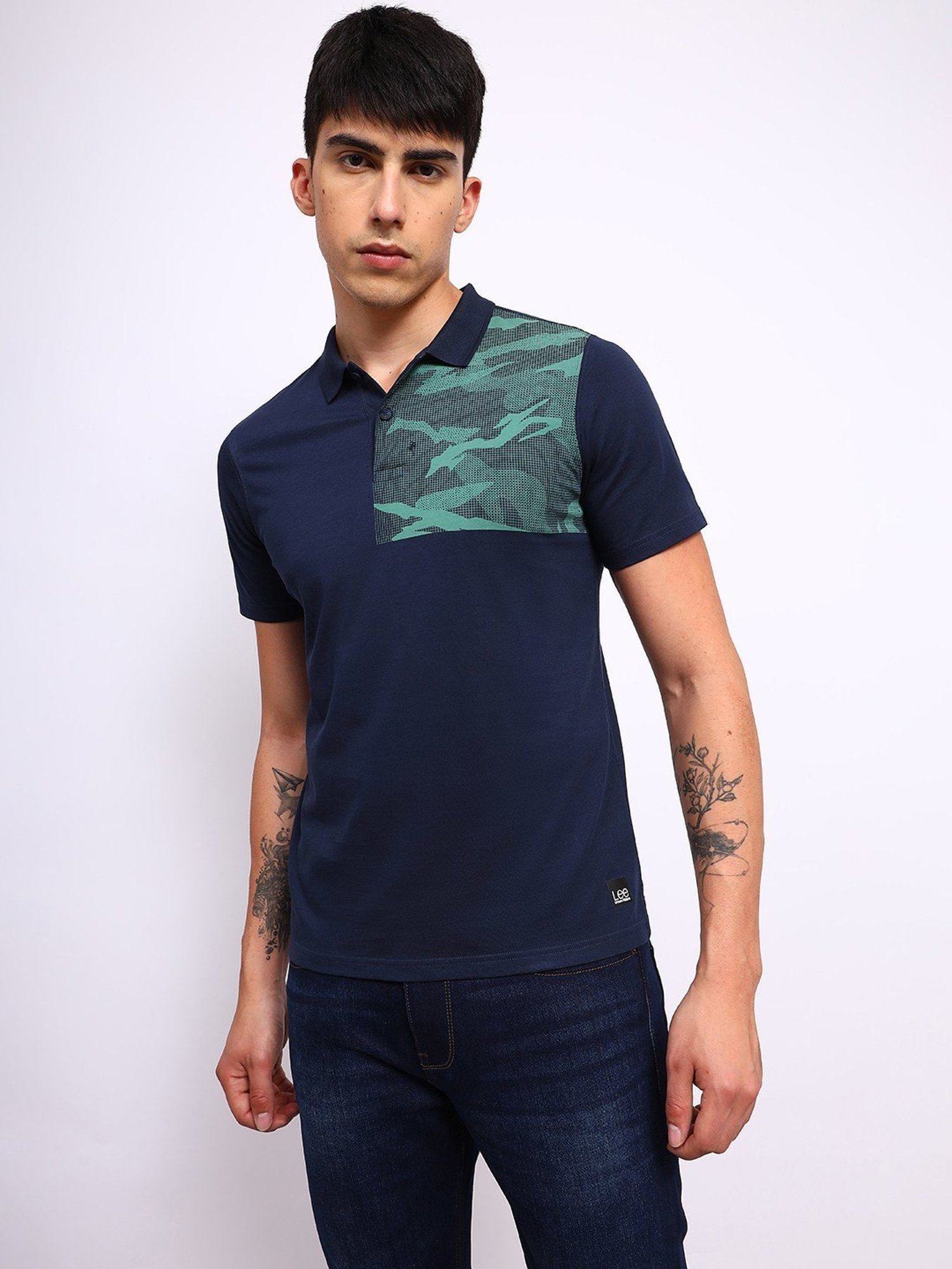 Lee Navy Cotton Slim Fit Printed Polo T-Shirt