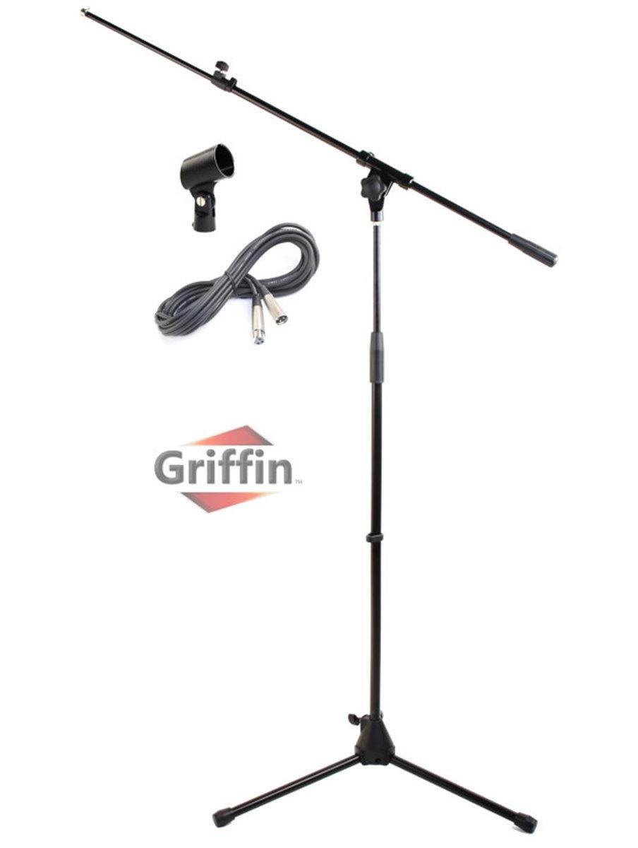 Microphone Stand with Telescoping Boom, XLR Cable and Mic Clip Package by GRIFFIN | Tripod Premium Quality for Studio, Karaoke, Live Performances, Studio, Conferences | 20 ft Pro Audio Mic Cord Patch