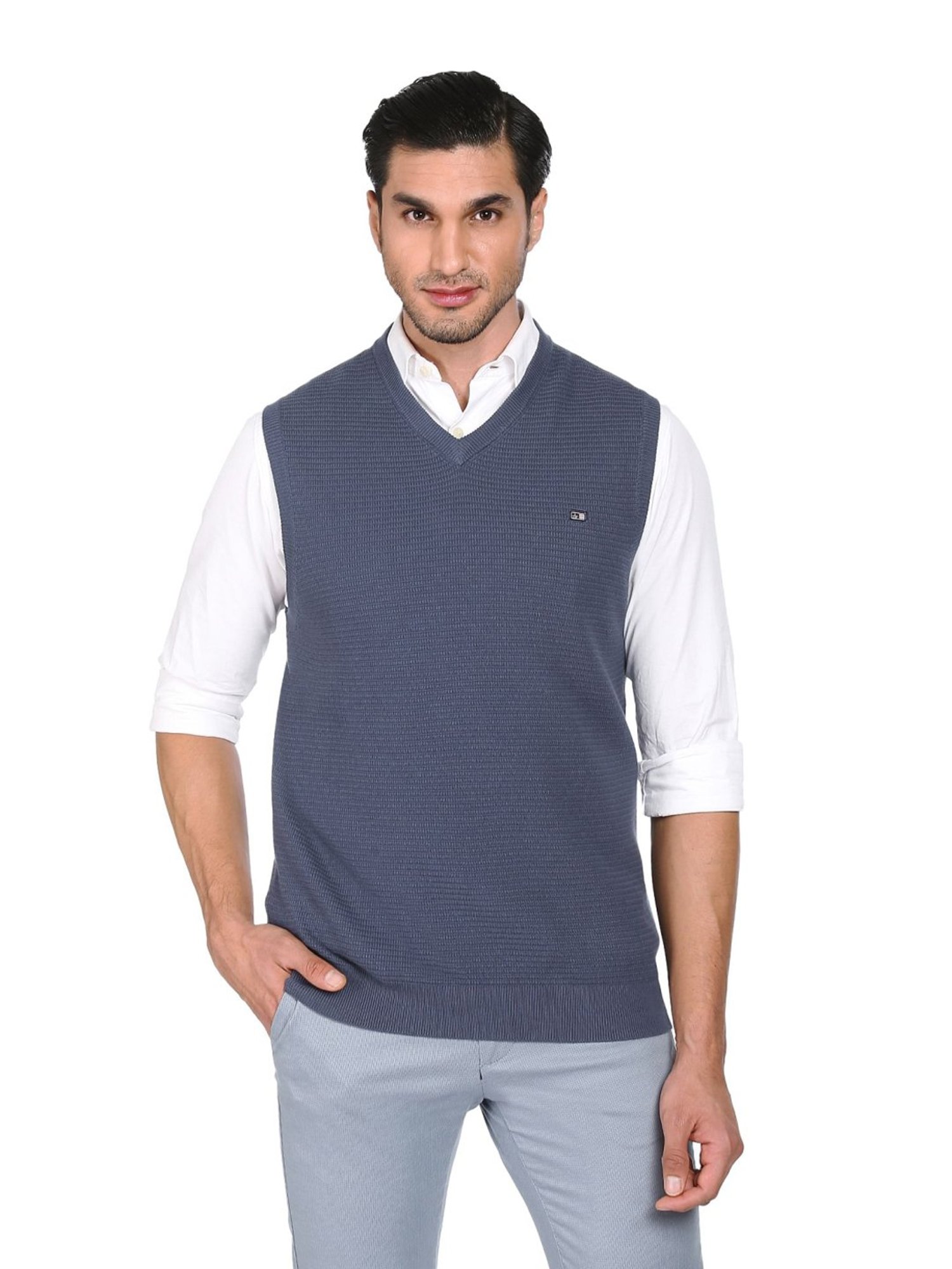 Arrow Sport Blue Cotton Regular Fit Self Pattern Sweaters