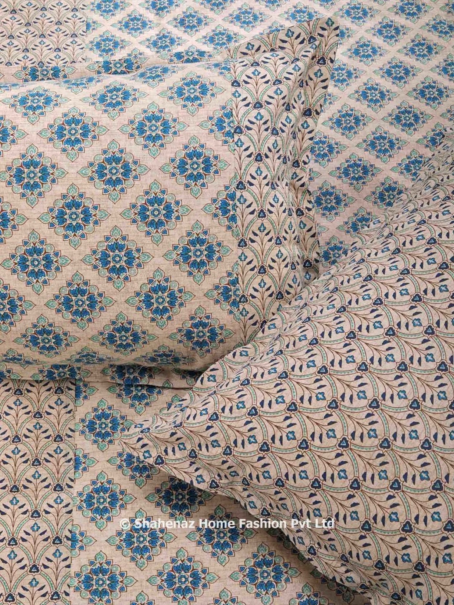 Shahenaz Blue & Beige 120 TC Cotton Anjali Single Bedsheet with 2 Pillow Covers