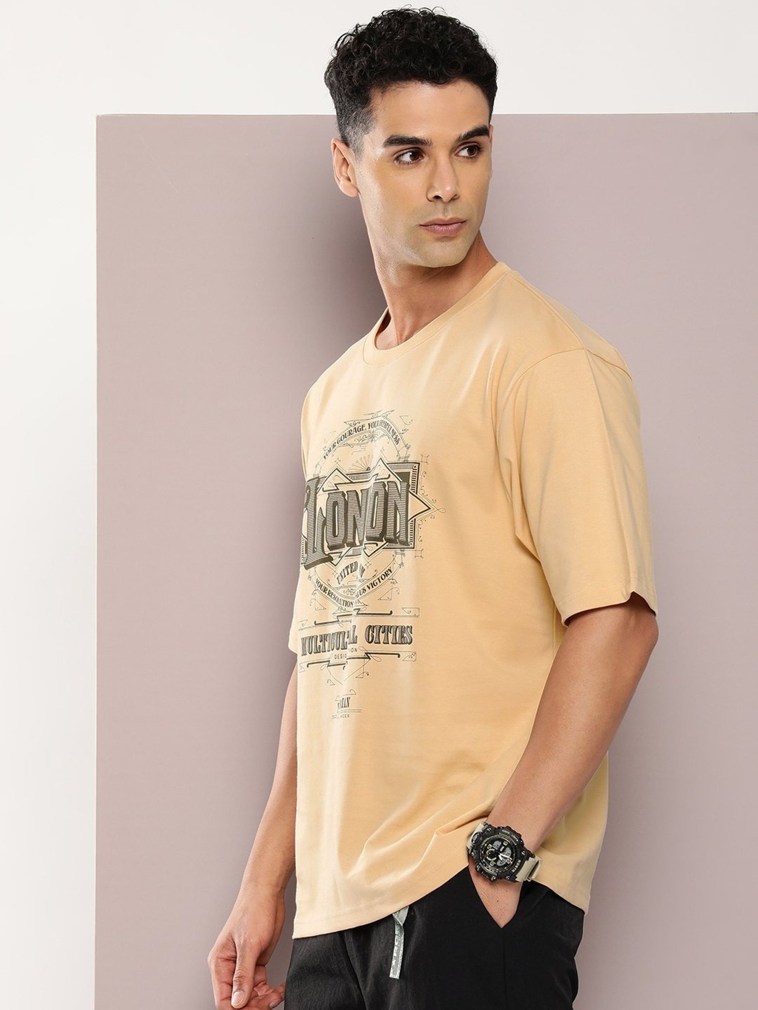 Dillinger Beige Cotton Loose Fit Printed T-Shirt