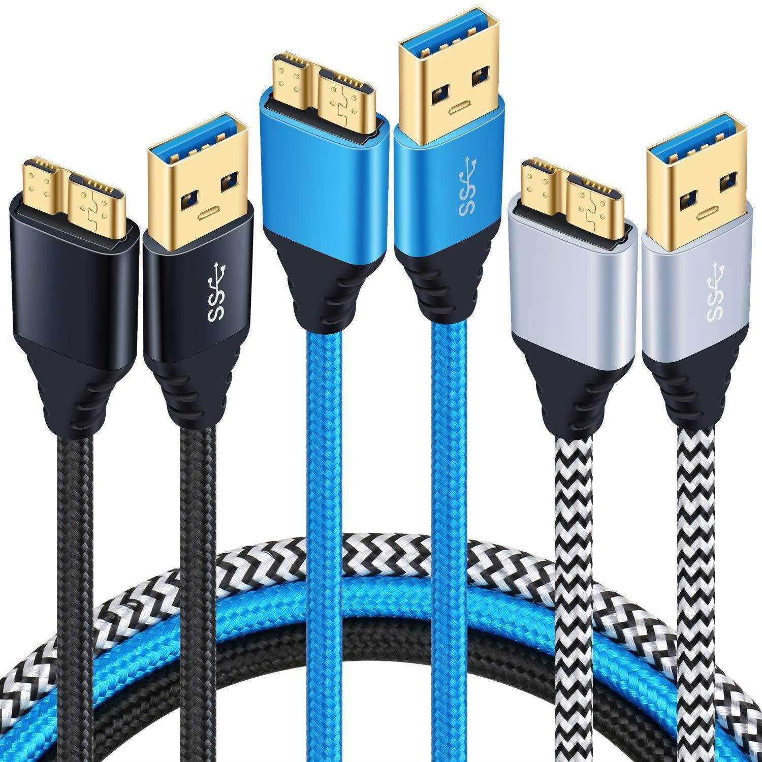 Galaxy S5 Charging Cable, Besgoods 3-Pack 6ft Braided Micro USB 3.0 Cable USB A Male to Micro B Charger Cable Compatible for Samsung Galaxy S5, Note 3, Hard Drive - Black White Blue