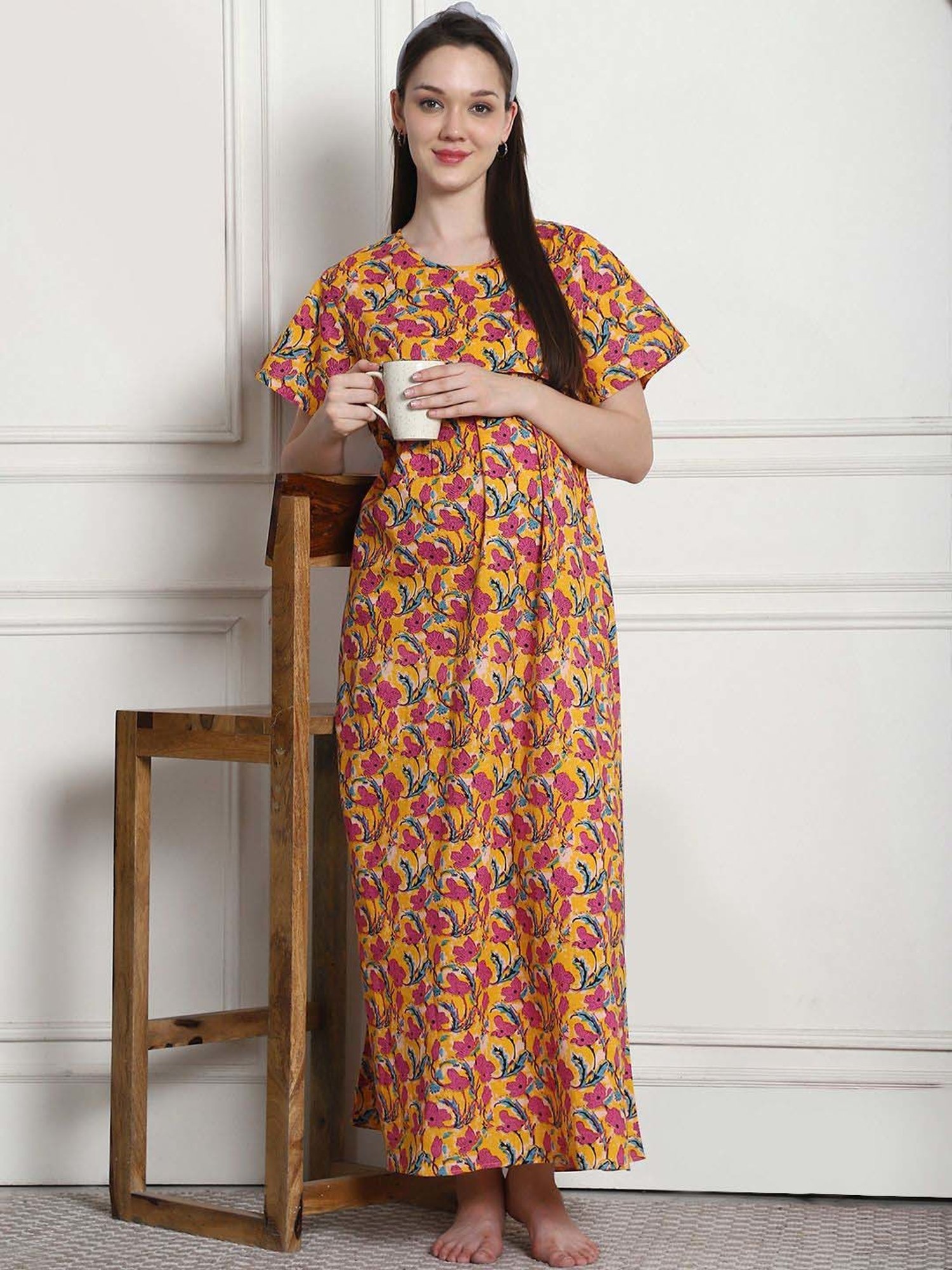 Secret Wish Yellow & Pink Cotton Floral Straight Nighty