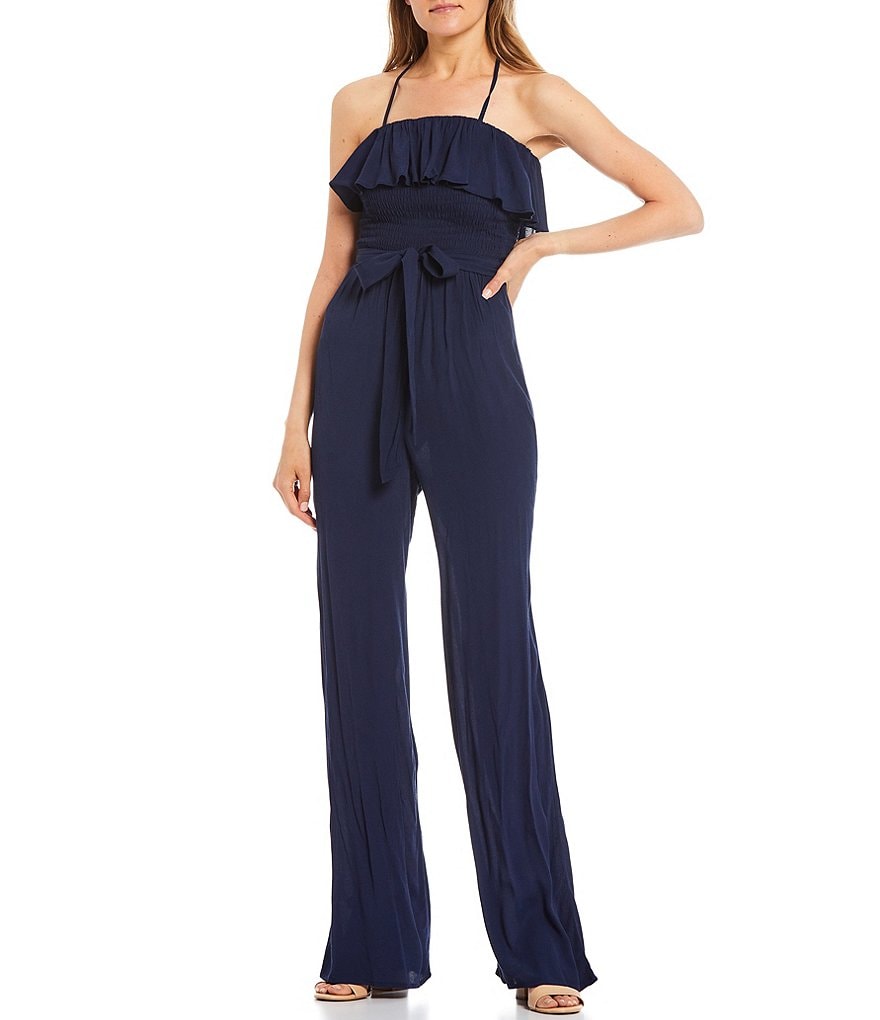 Angie Striped Strapless Smocked Bodice Ruffled Hem Jumpsuit