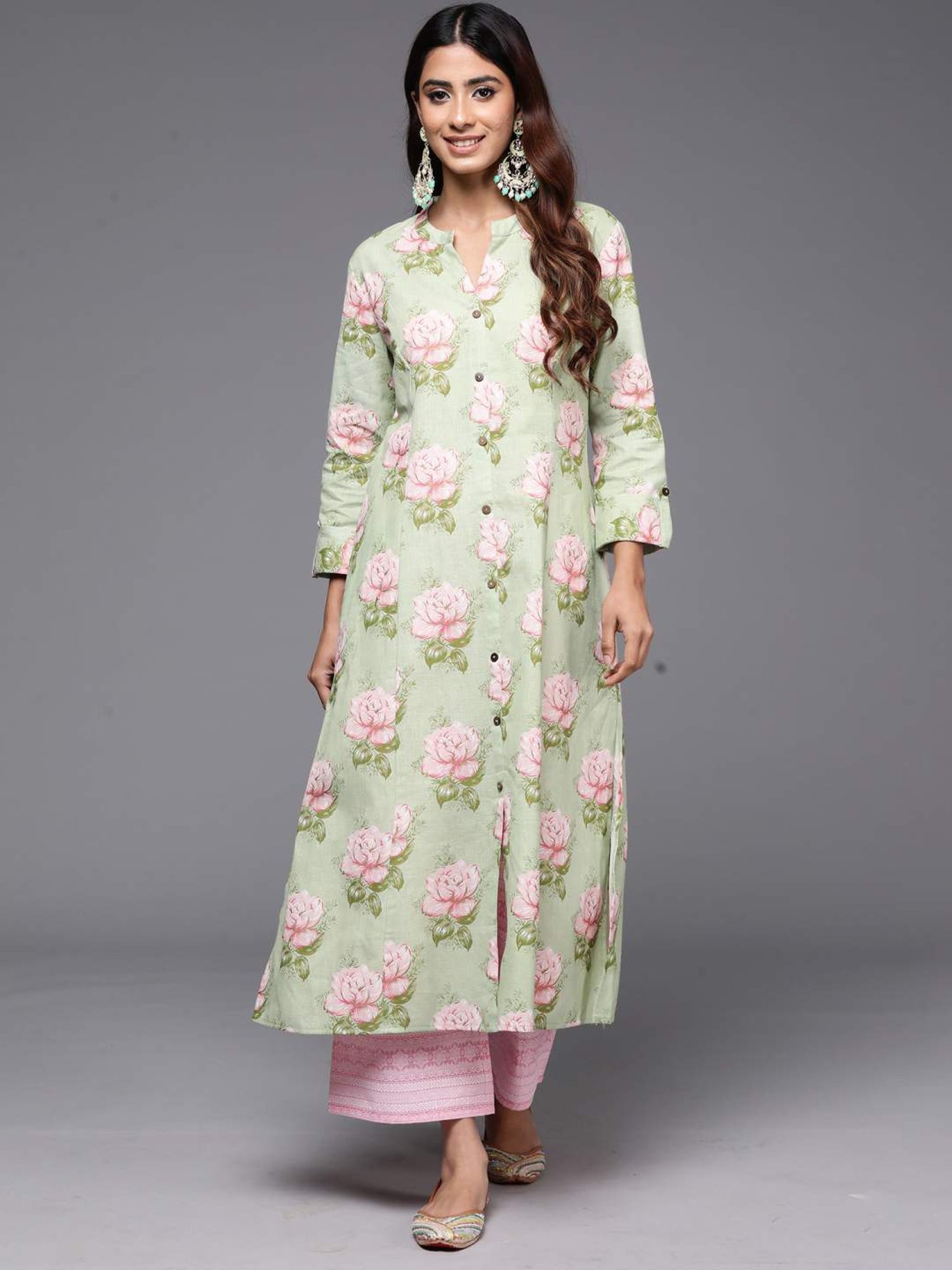 Indo Era Green Cotton Printed A Line Kurta