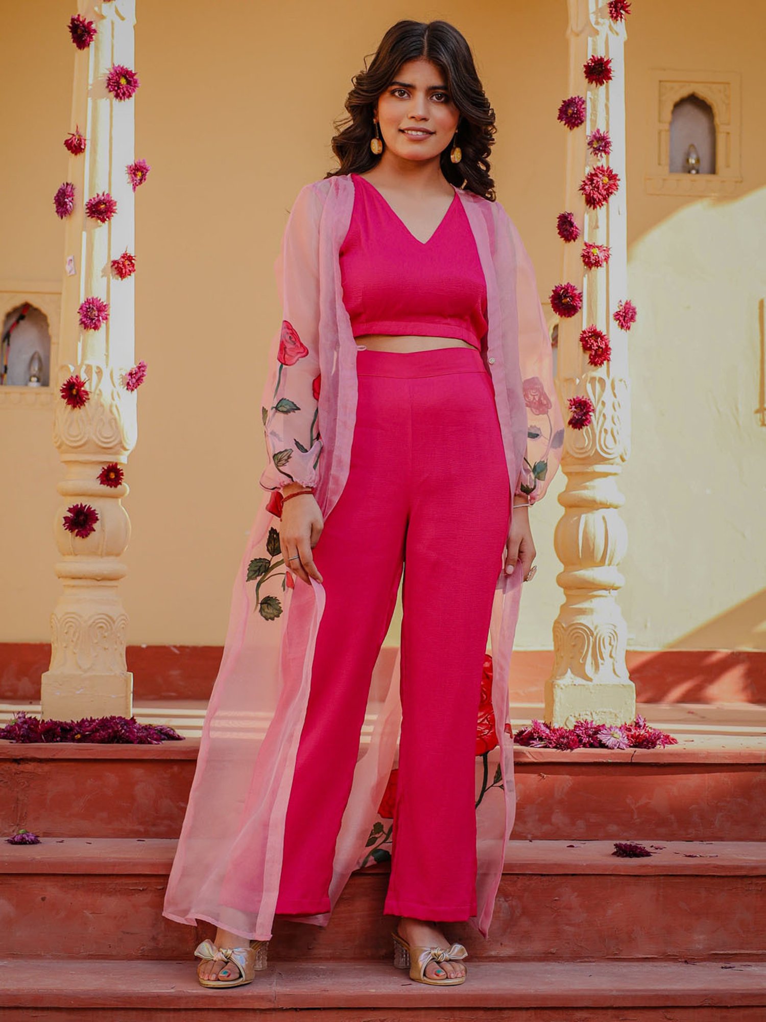 Thread and Button Organza Mishika Pink Rose Handpainted 3 Piece