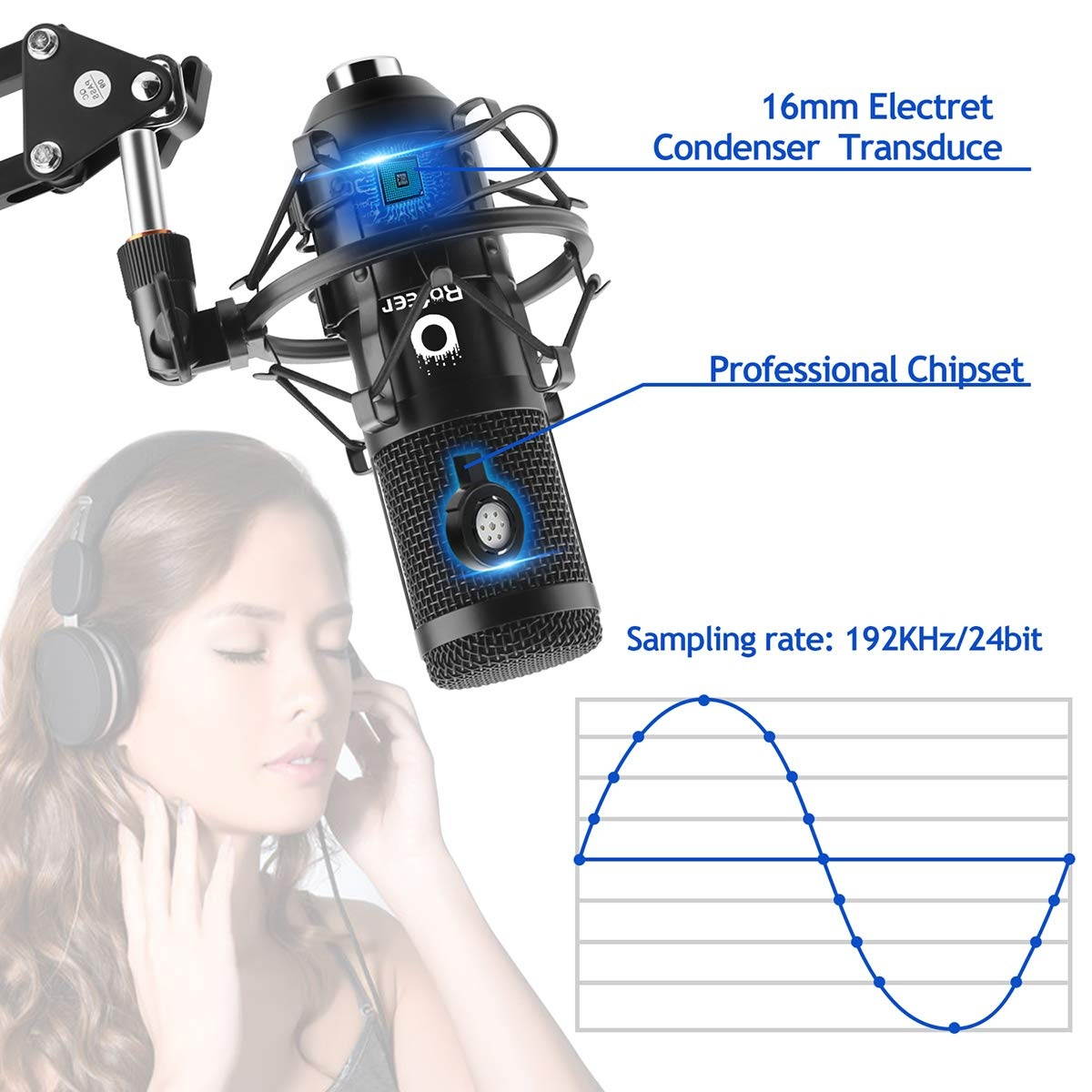 USB Podcast Condenser Microphone Kit 192kHZ/24bit Plug & Play Computer PC Microphone Studio Streaming Cardioid Mic with Professional Sound Chipset for Recording Broadcasting YouTube Gaming