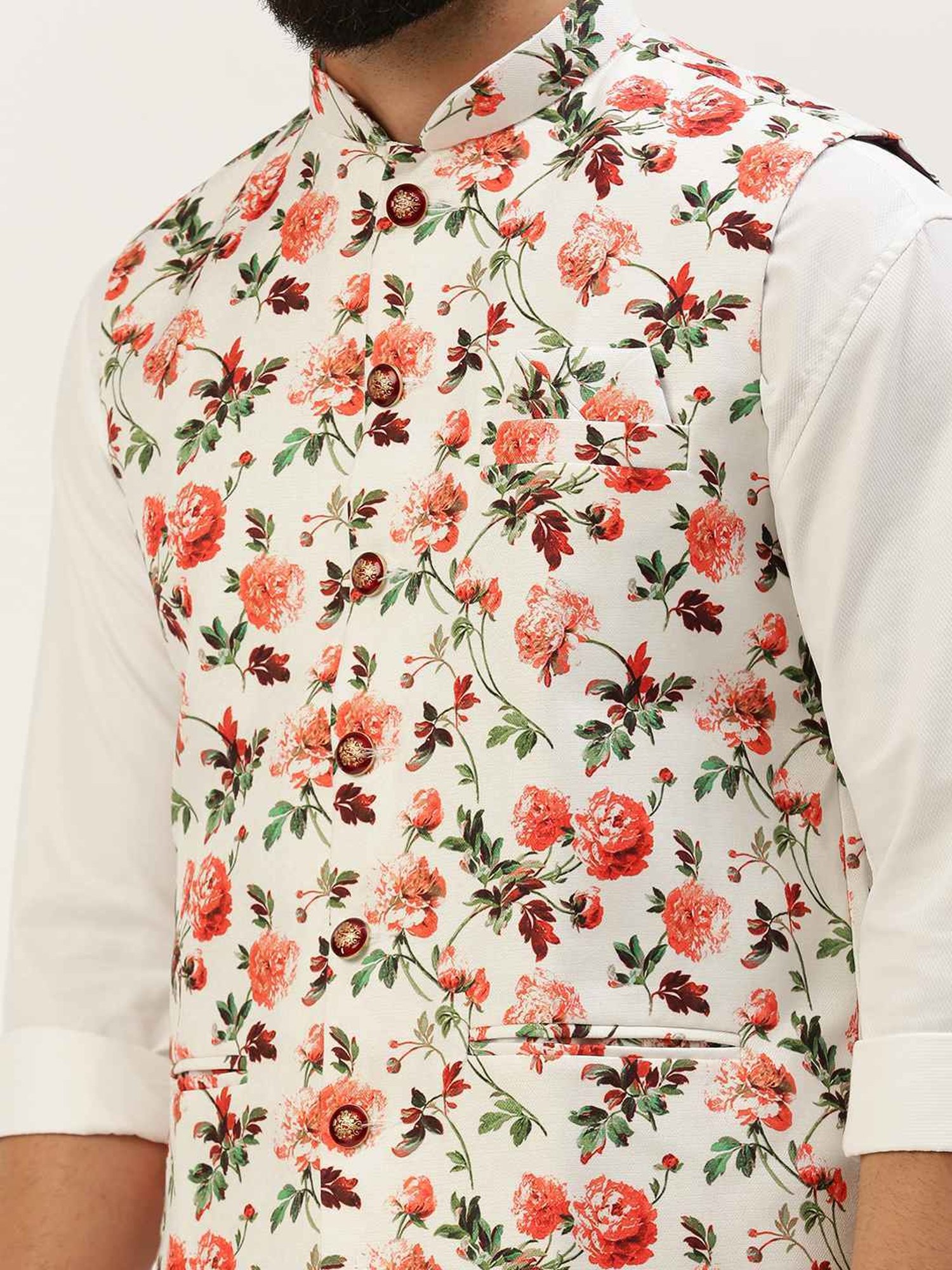 SHOWOFF White Cotton Slim Fit Printed Nehru Jacket