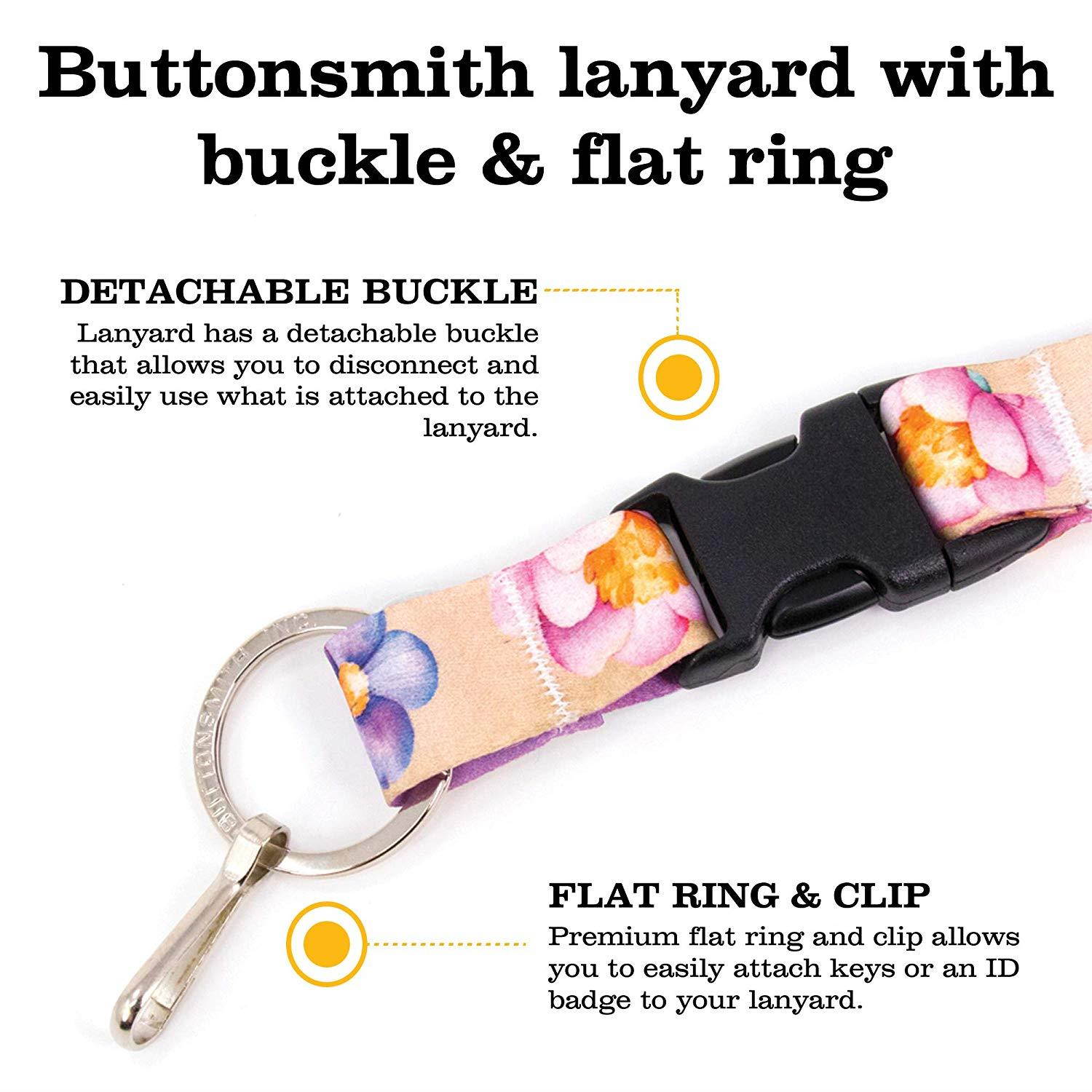 Buttonsmith Watercolor Flowers Premium Lanyard with Buckle and Flat Ring - Made in The USA