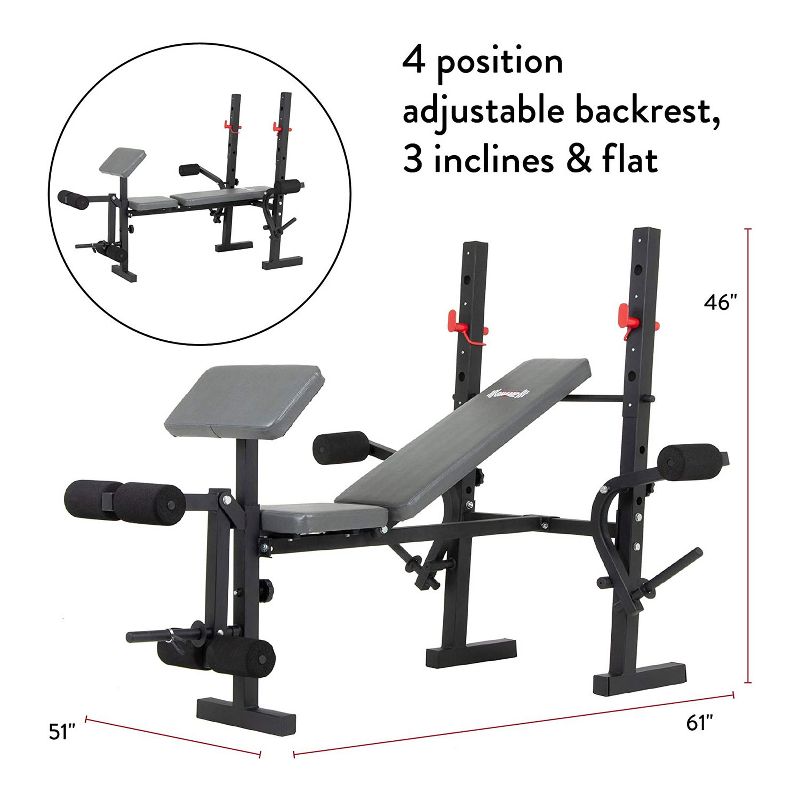 Body Champ BCB580 Standard Weightlifting Exercise Bench with Adjustable Incline Seat and Dual Action Leg Developer, Weight Set Not Included